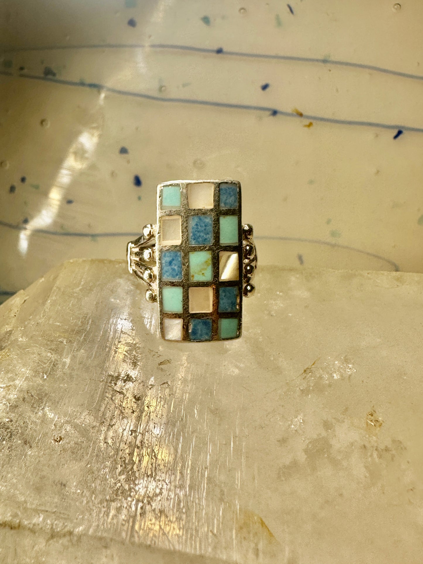 Turquoise ring MOP Southwest checkerboard Size 6.25 Sterling Silver women men