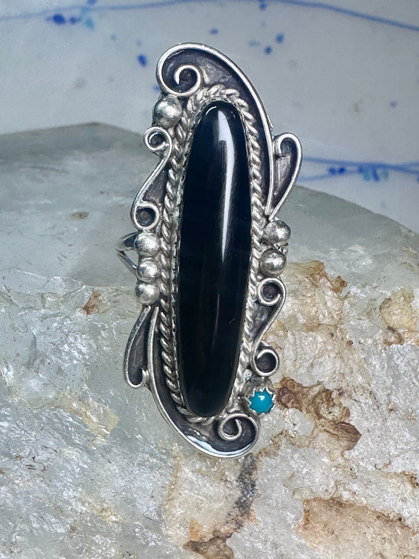 Navajo ring long onyx size 6 sterling silver women girls