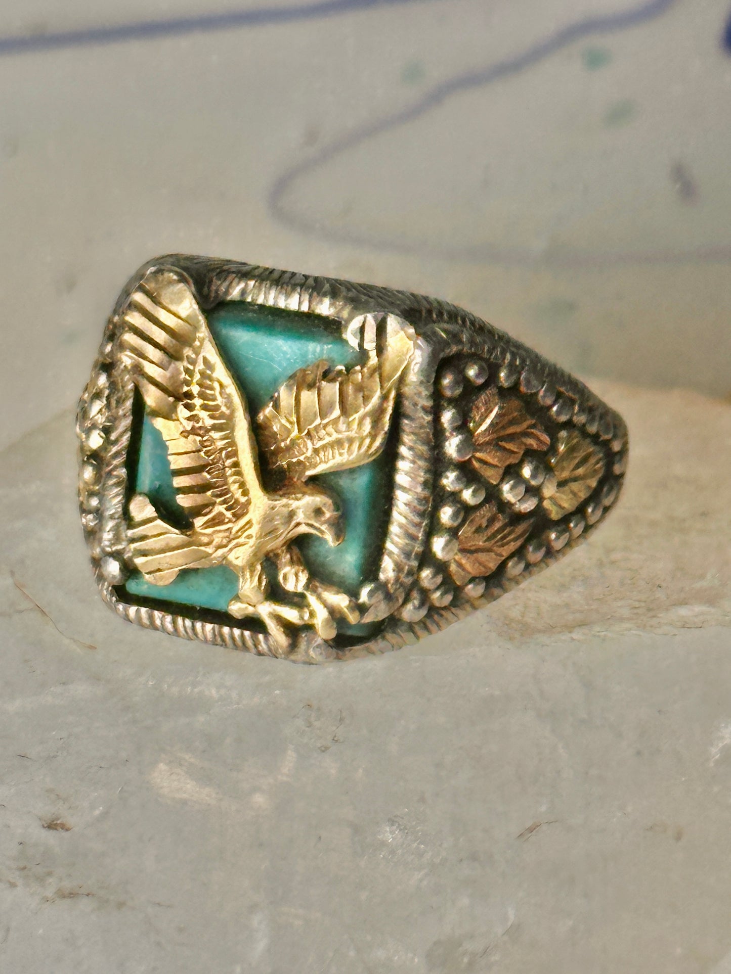 Eagle ring Black Hills Gold Turquoise size 10.25 Inlaid sterling silver men women