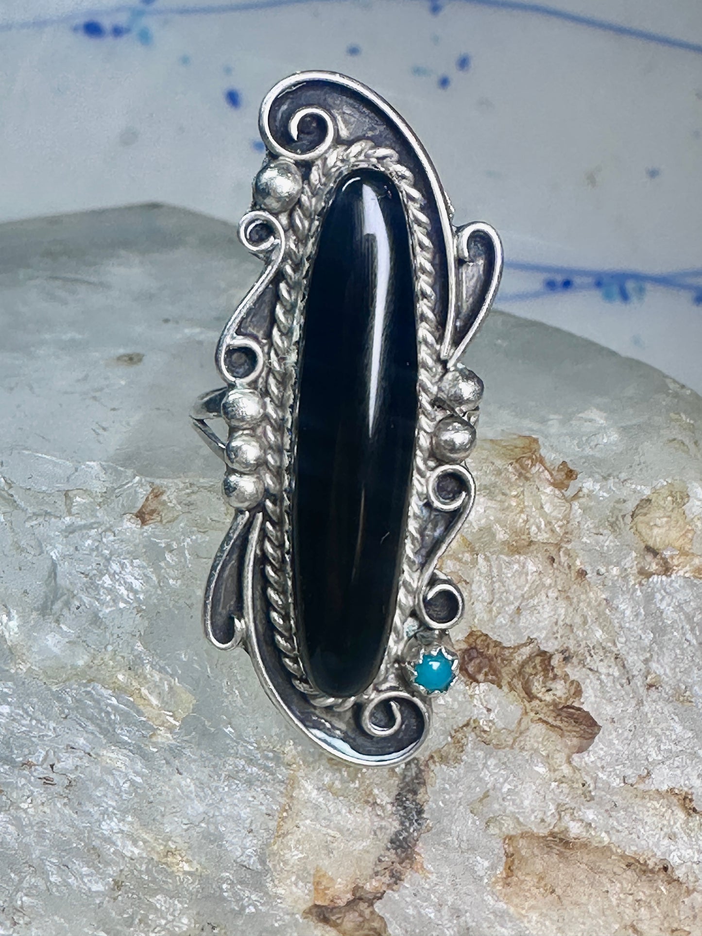 Navajo ring long onyx size 6 sterling silver women girls