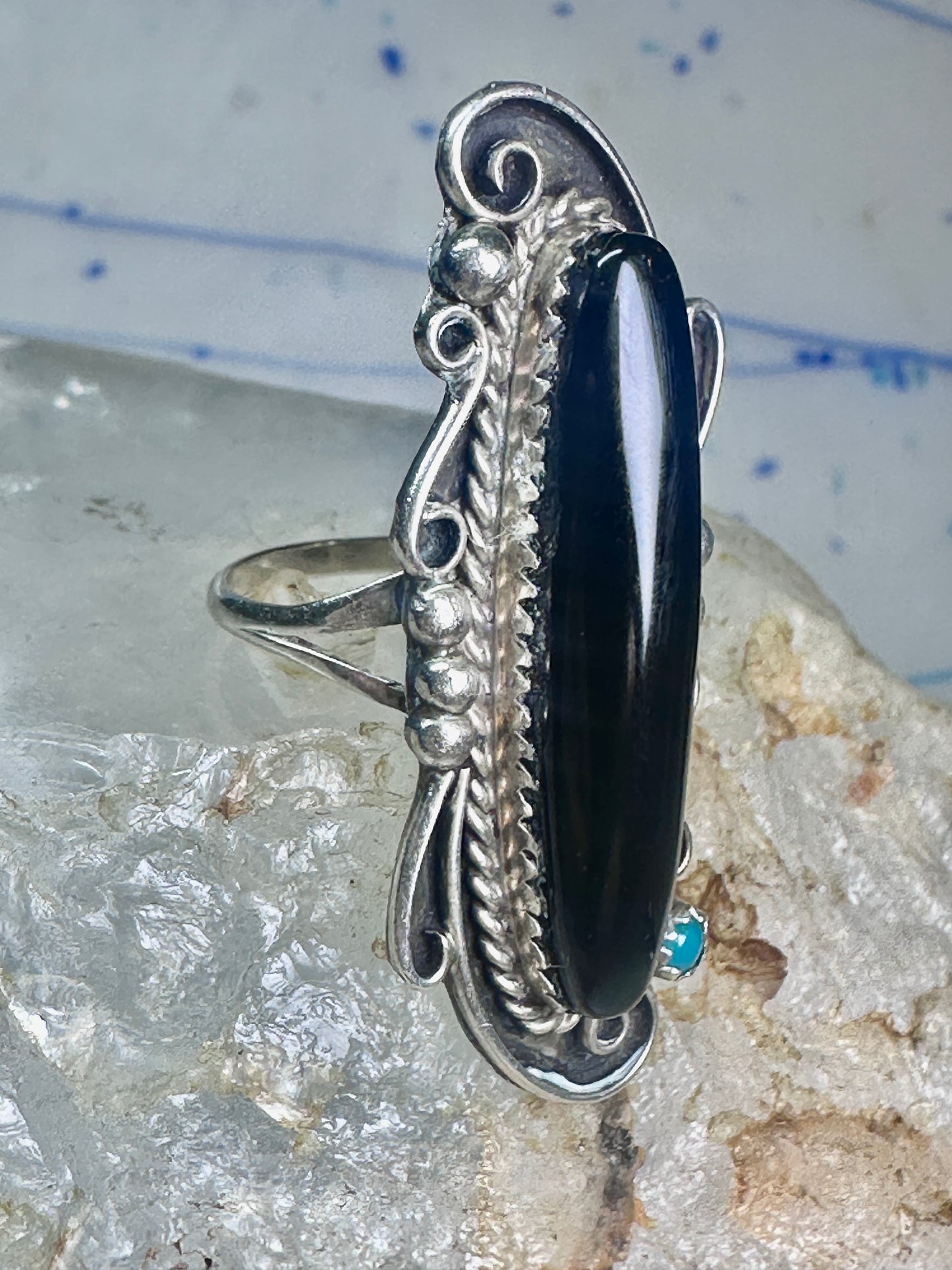 Navajo ring long onyx size 6 sterling silver women girls