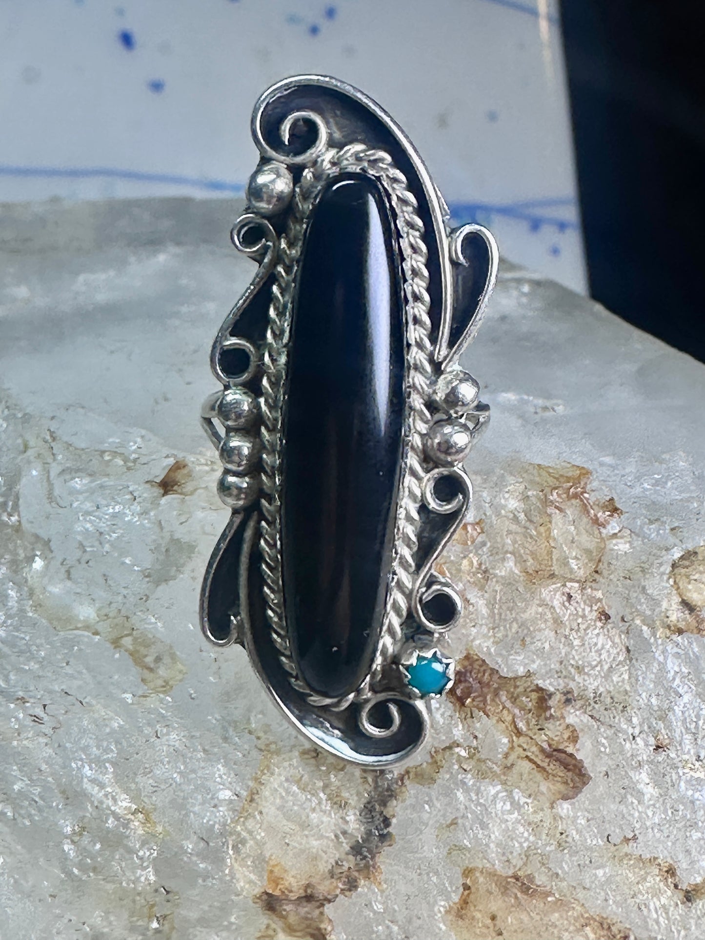 Navajo ring long onyx size 6 sterling silver women girls
