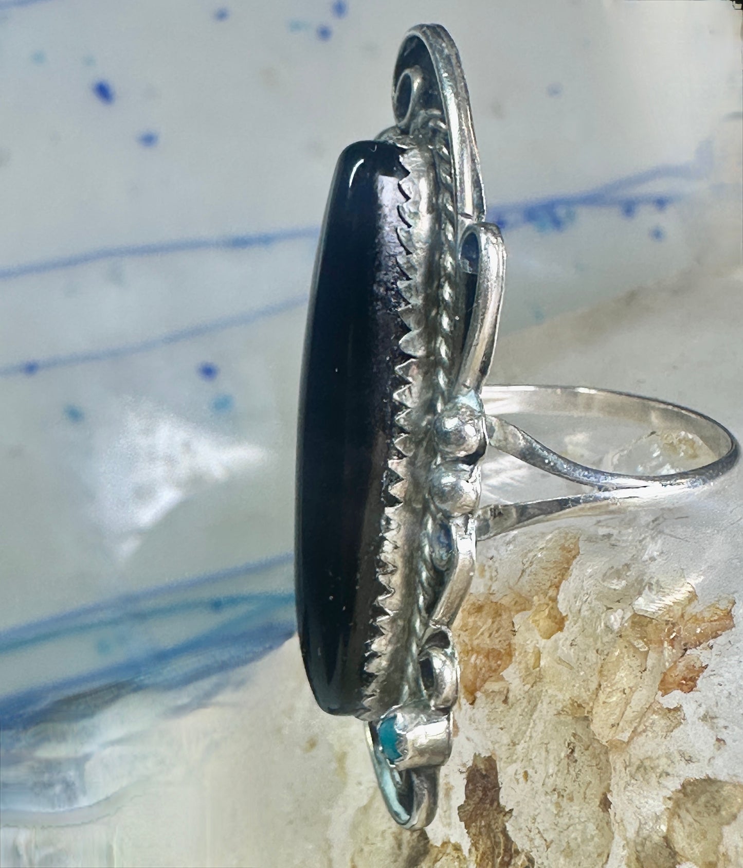 Navajo ring long onyx size 6 sterling silver women girls