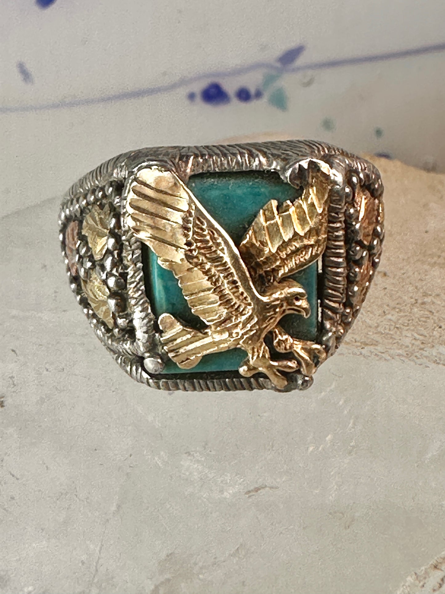 Eagle ring Black Hills Gold Turquoise size 10.25 Inlaid sterling silver men women