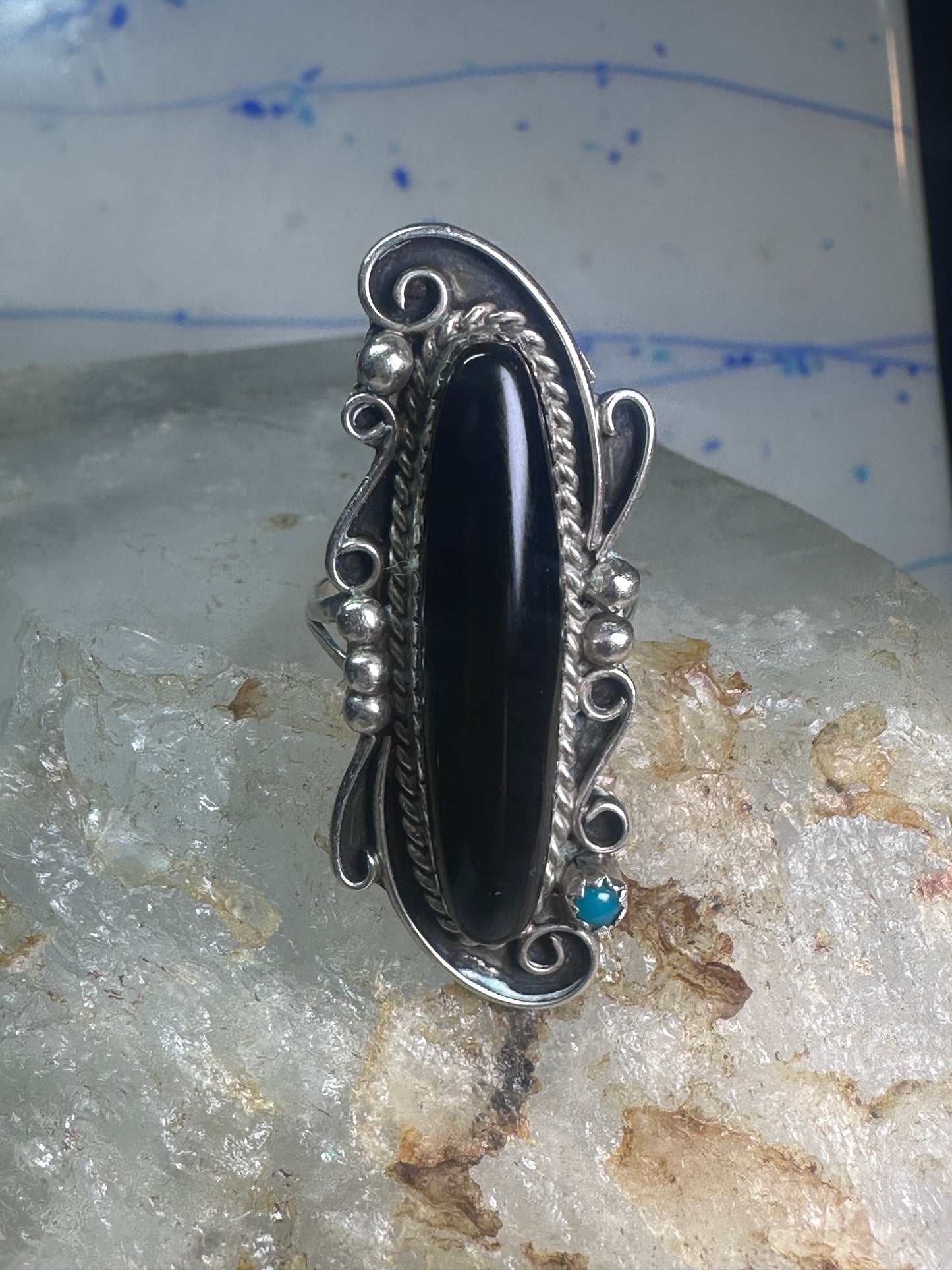 Navajo ring long onyx size 6 sterling silver women girls