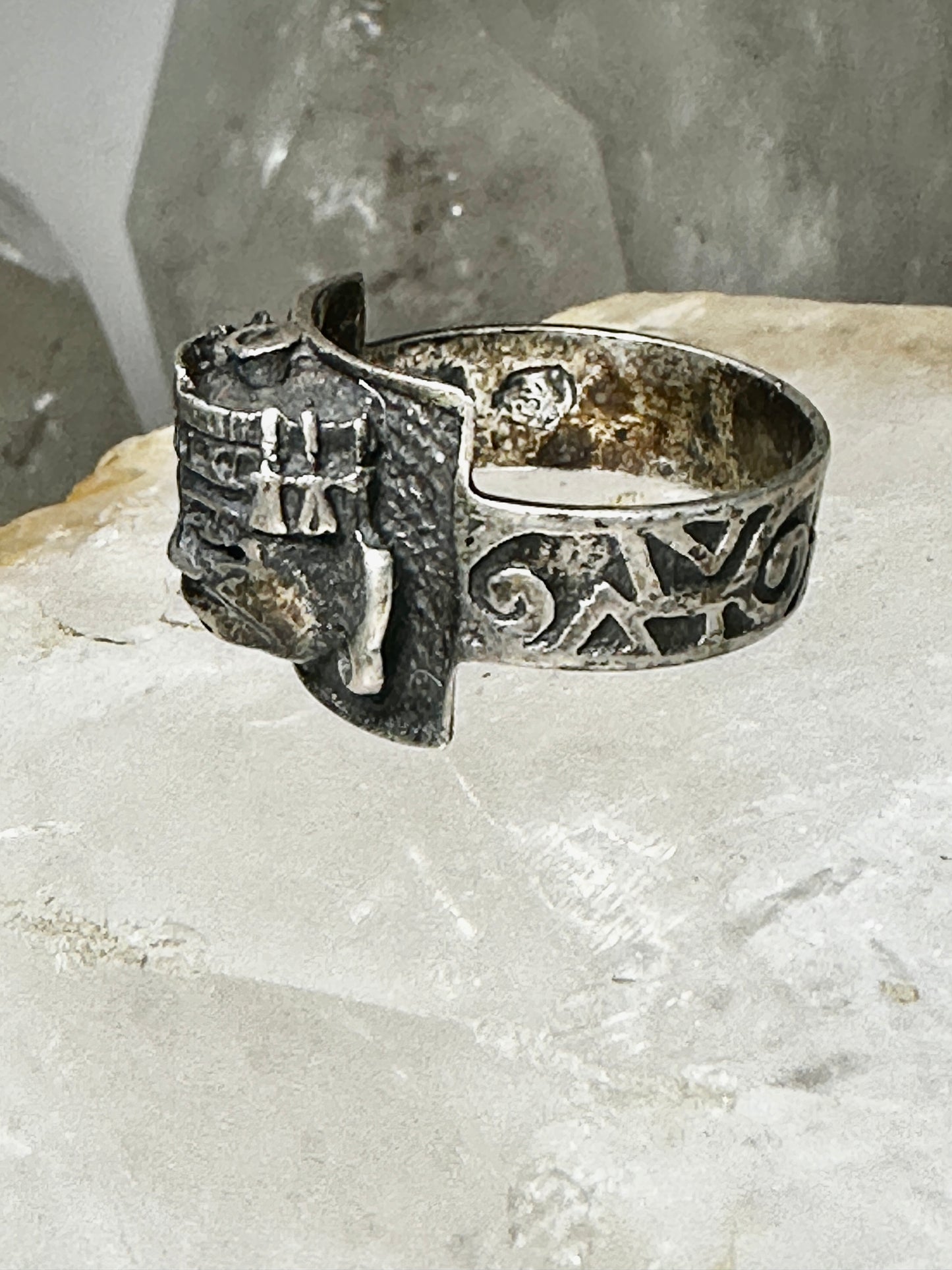 Aztec Face ring Mexican signed JM sterling silver size 9 women men