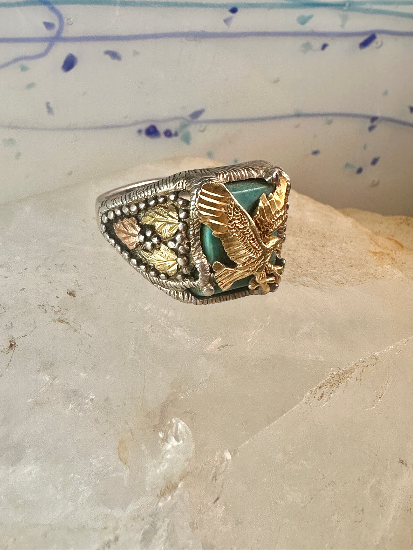 Eagle ring Black Hills Gold Turquoise size 10.25 Inlaid sterling silver men women