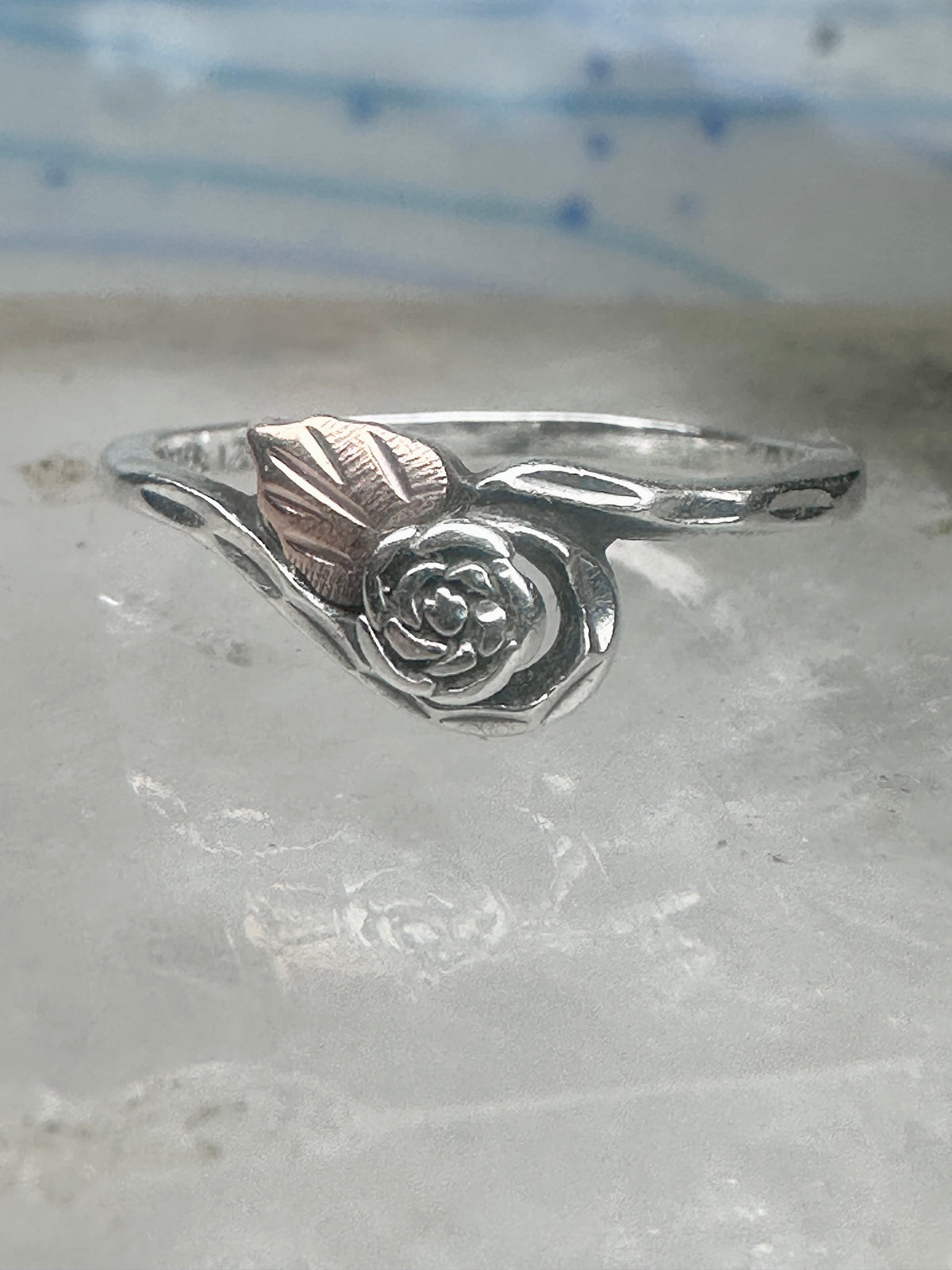Vintage Sterling Silver Black Hills Gold Rose Flower Bypass Ring Size 8 925