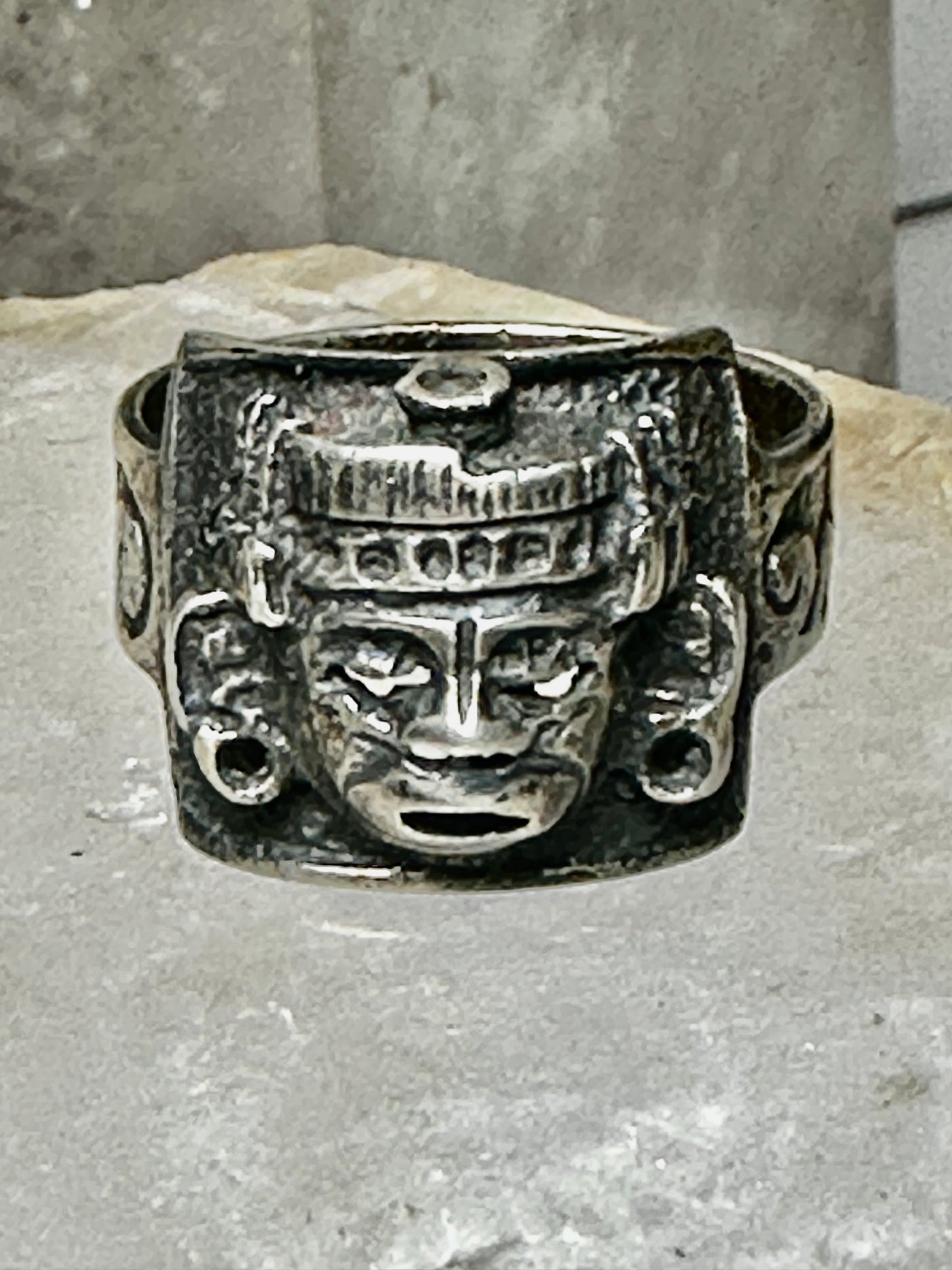 Aztec Face ring Mexican signed JM sterling silver size 9 women men