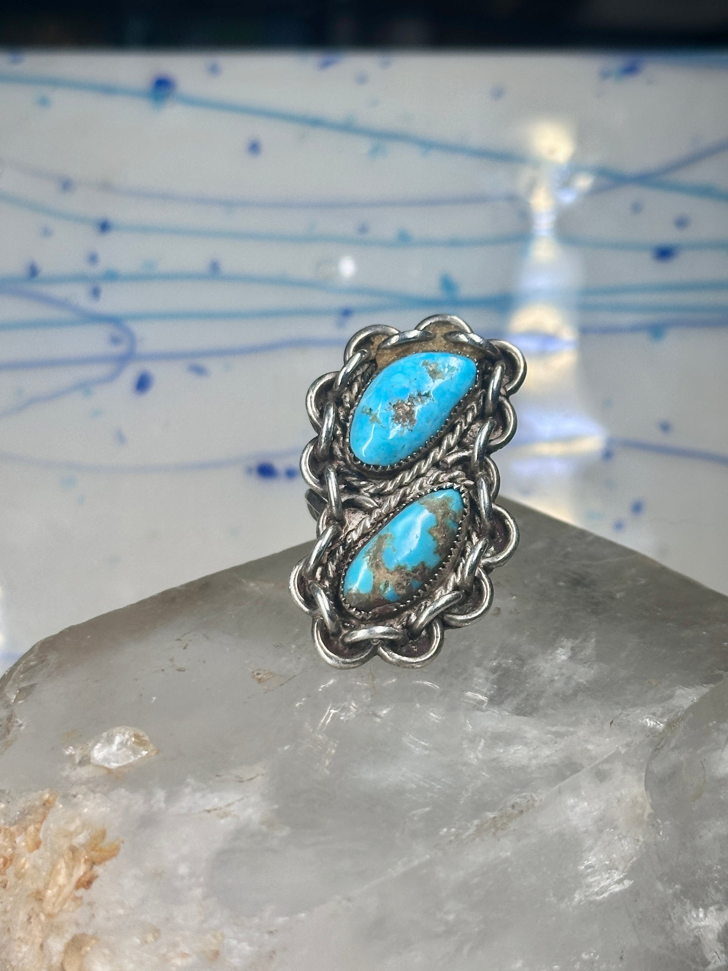 Navajo long ring turquoise size 6.50 brutalist chain sterling silver women girls