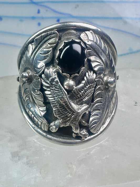 Navajo Eagle ring Randall Endito onyx leaves size 17 sterling silver men