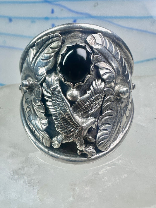Navajo Eagle ring Randall Endito onyx leaves size 17 sterling silver men