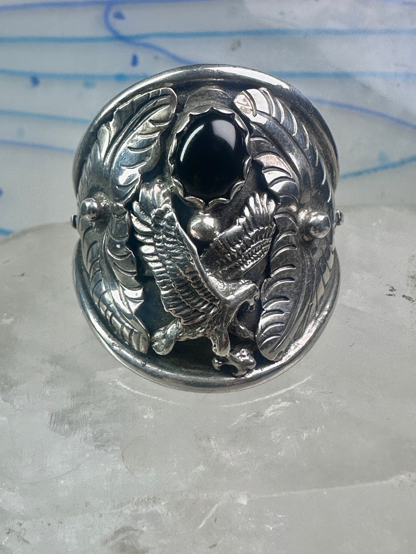 Navajo Eagle ring Randall Endito onyx leaves size 17 sterling silver men