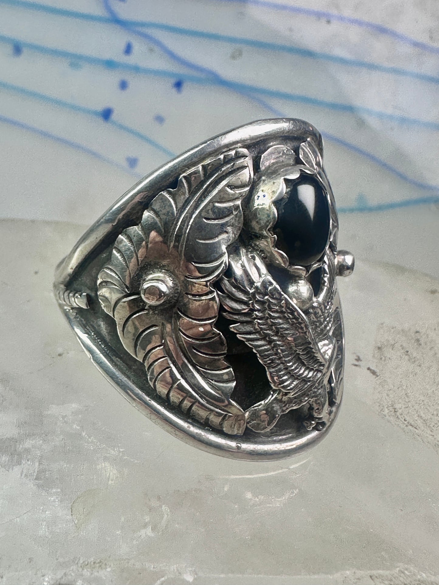 Navajo Eagle ring Randall Endito onyx leaves size 17 sterling silver men