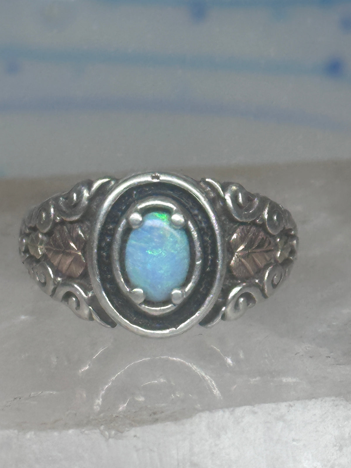 Vintage Sterling Silver Coleman Co Black Hills Gold Oval Lab Opal Ring Size 9.00 925