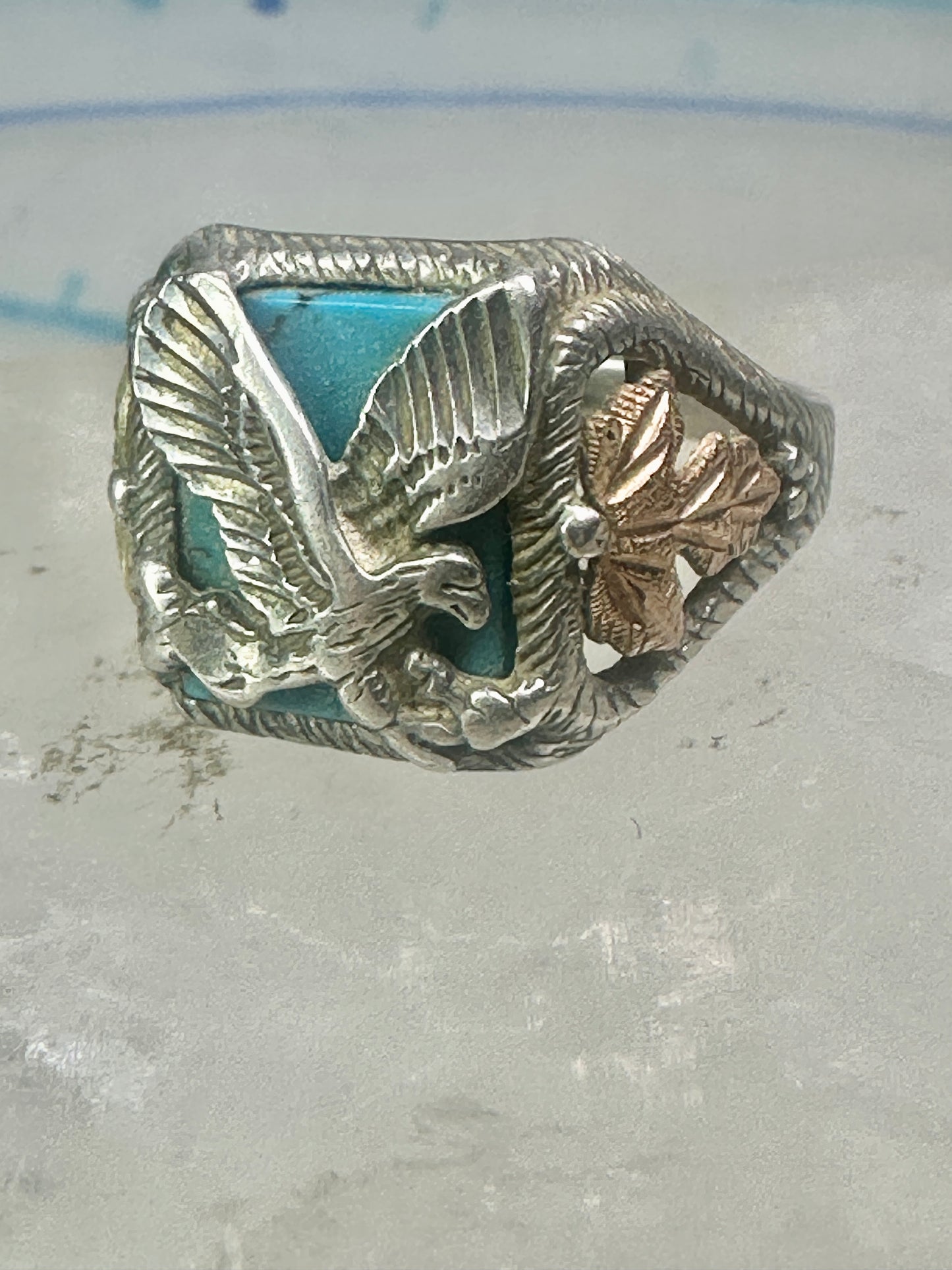 Eagle ring turquoise Black Hills Gold leaves band size 7 sterling silver women girls men