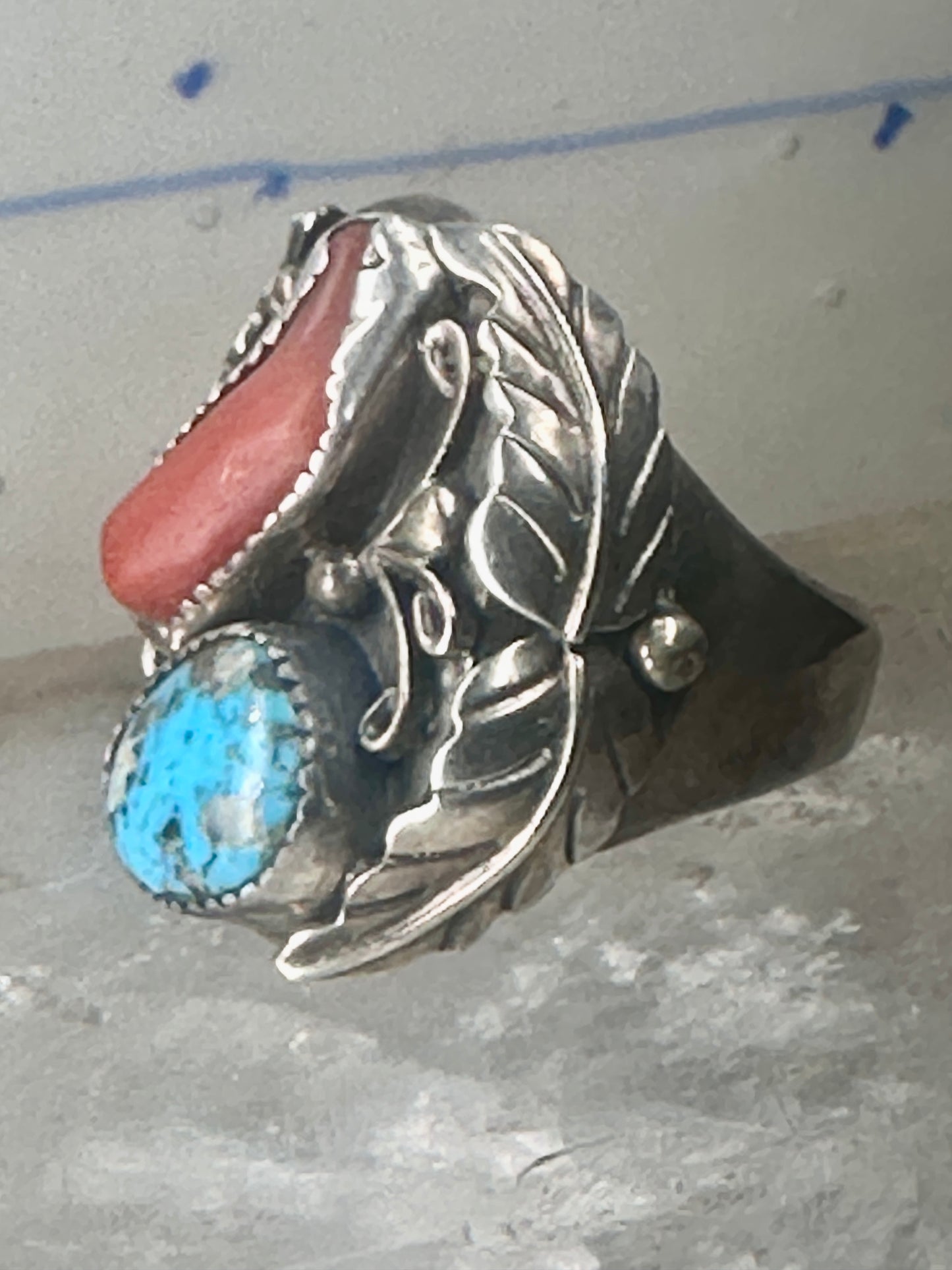 Navajo ring Turquoise Coral band size 10.25 sterling silver women men