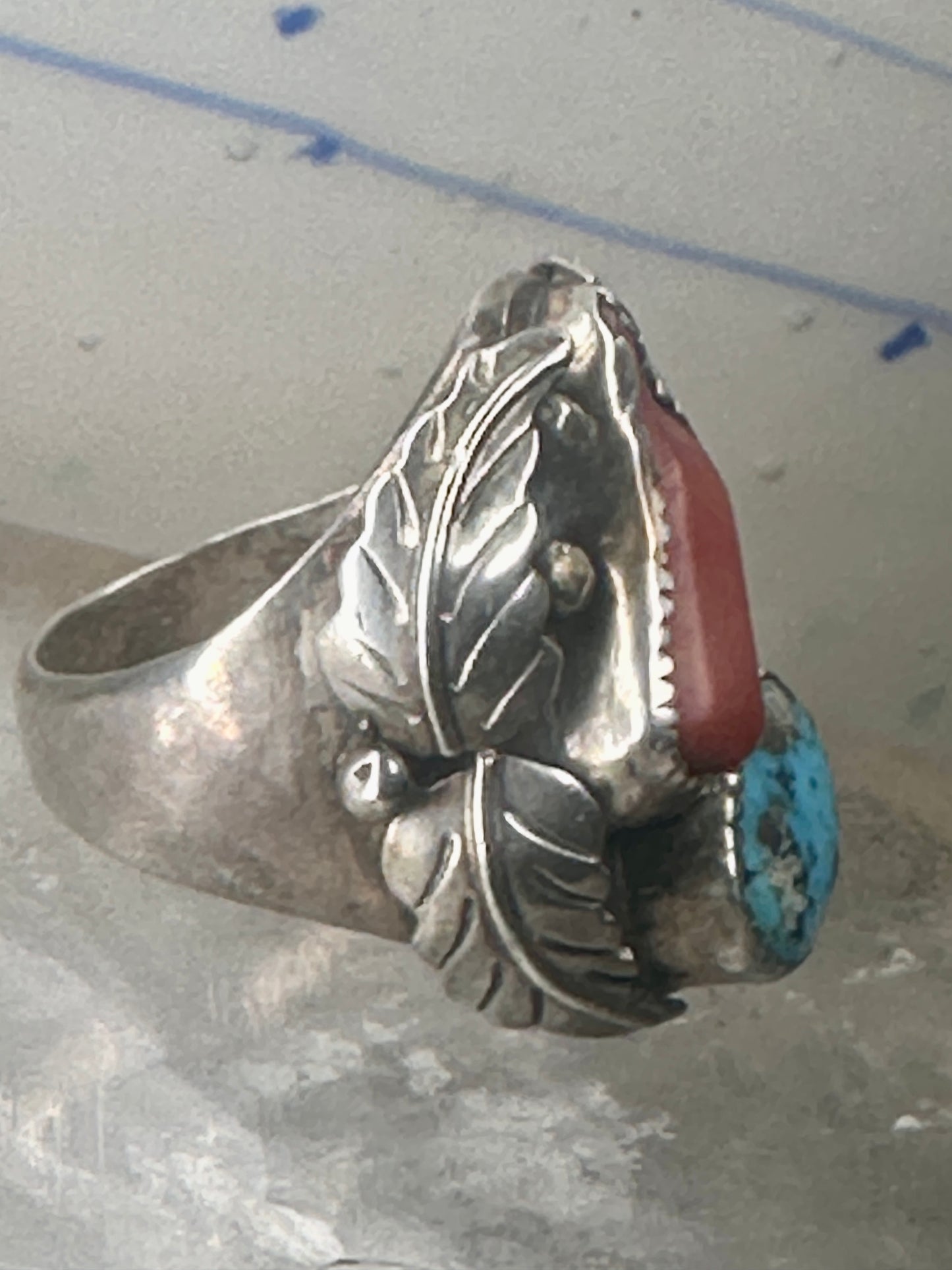 Navajo ring Turquoise Coral band size 10.25 sterling silver women men