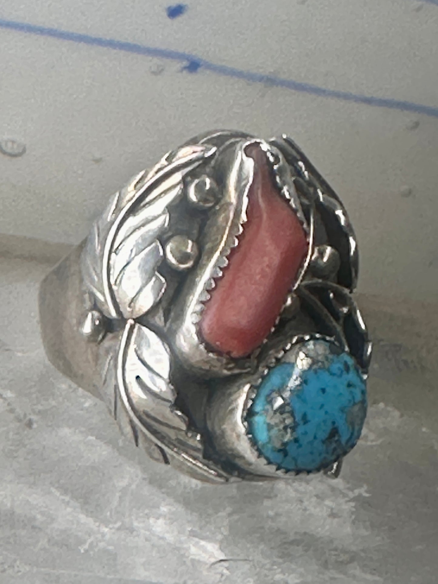 Navajo ring Turquoise Coral band size 10.25 sterling silver women men