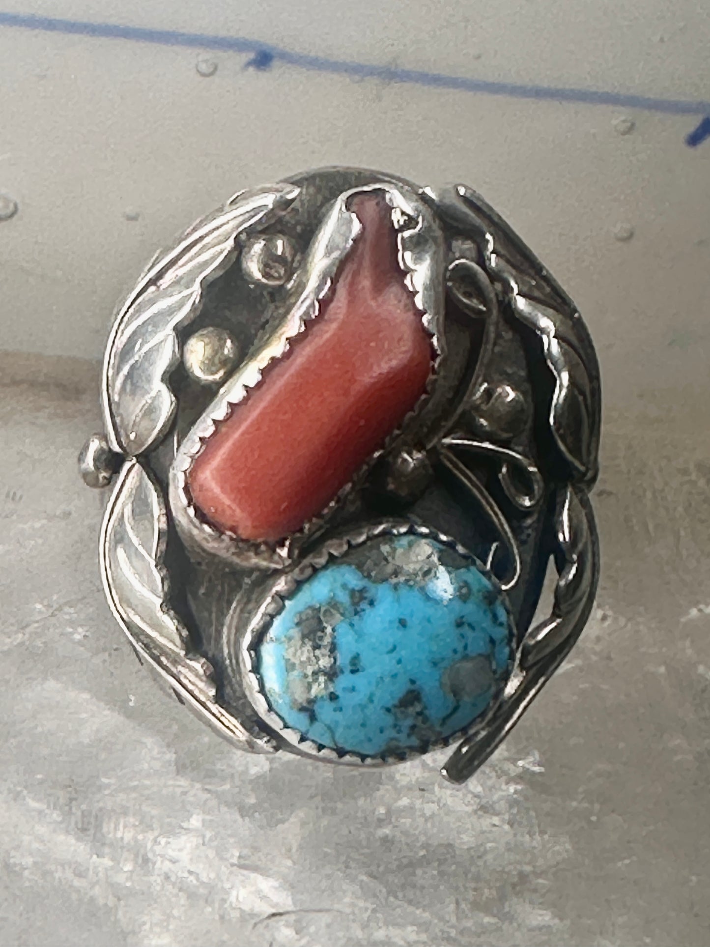 Navajo ring Turquoise Coral band size 10.25 sterling silver women men