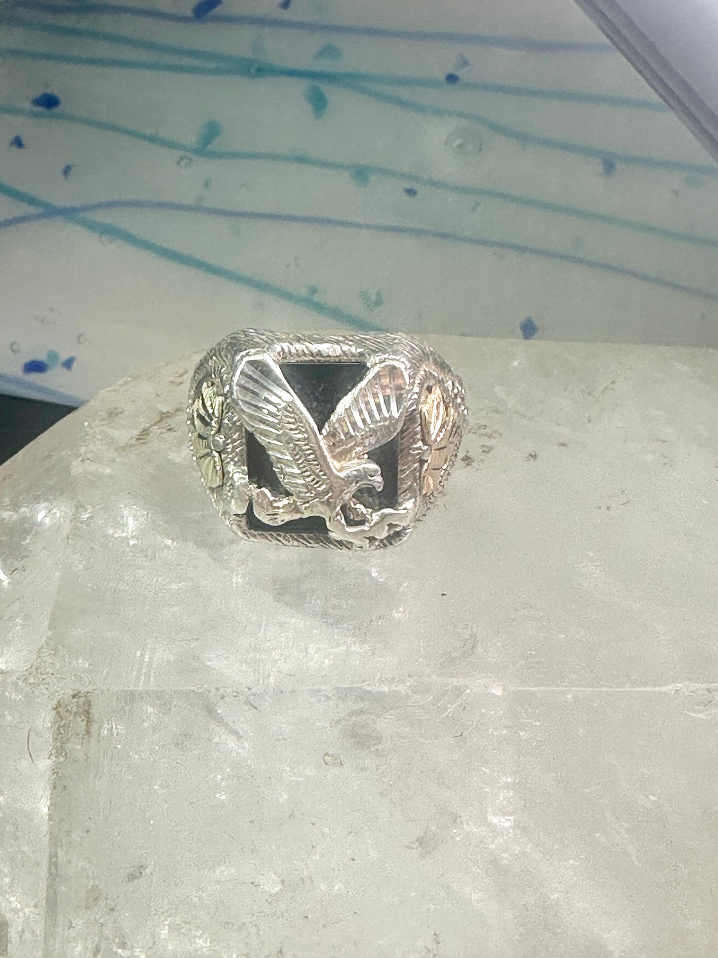 Eagle ring onyx Black Hills Gold band size 12 sterling silver women men