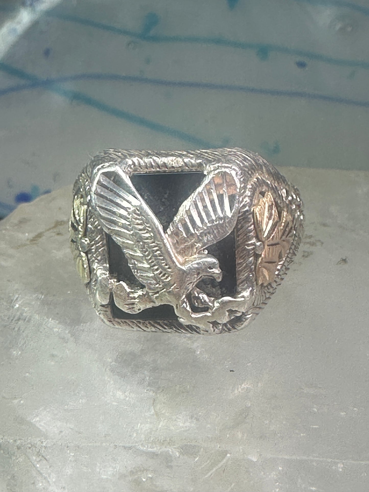 Eagle ring onyx Black Hills Gold band size 12 sterling silver women men