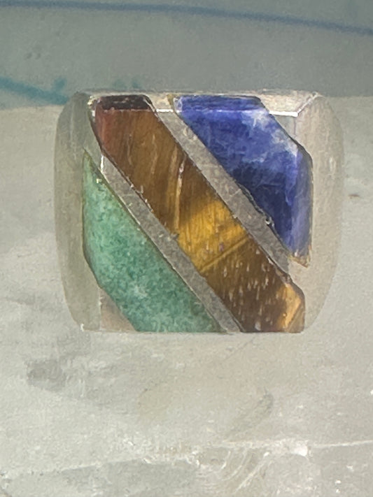 Tiger eye ring onyx sodalite Mexican band size 8 sterling silver women men