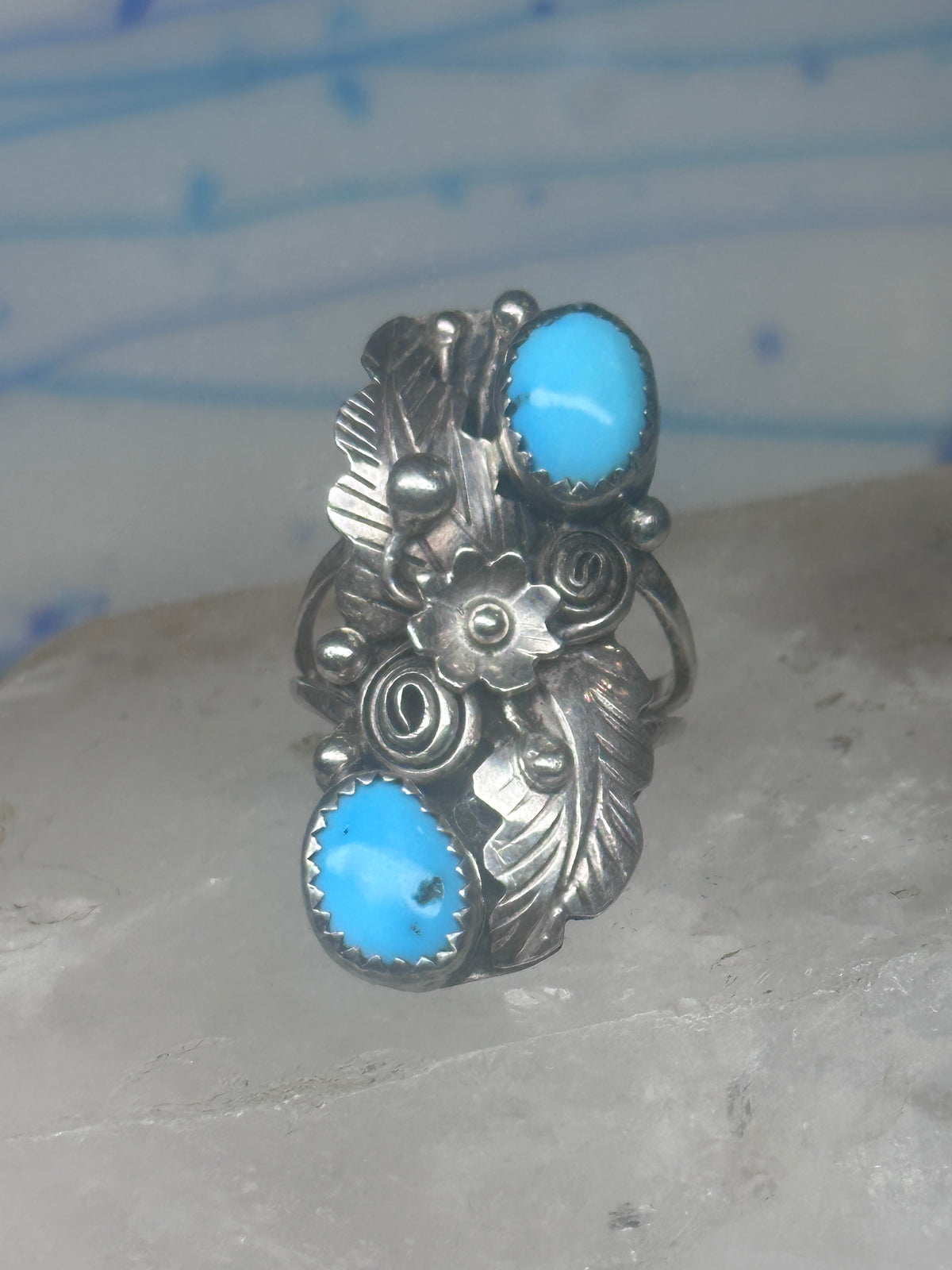Vintage Sterling Silver Navajo Turquoise Squash Blossom Flower Ring Size 7.50 925