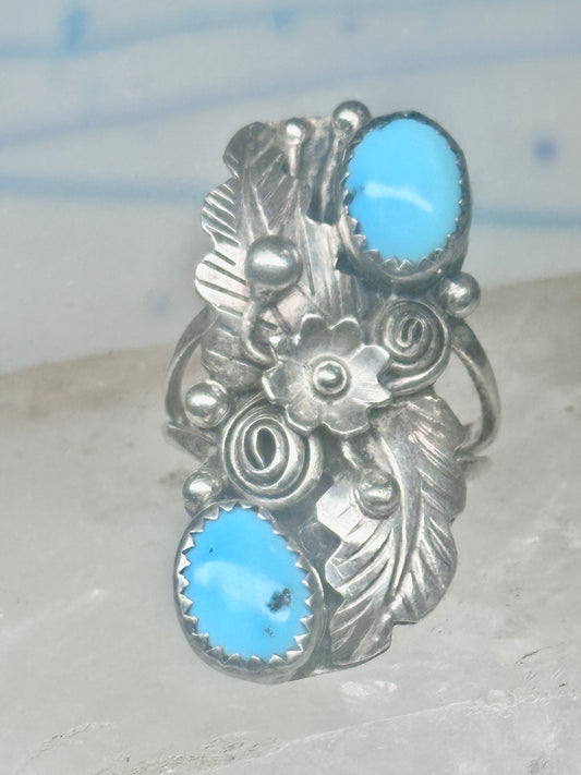Vintage Sterling Silver Navajo Turquoise Squash Blossom Flower Ring Size 7.50 925