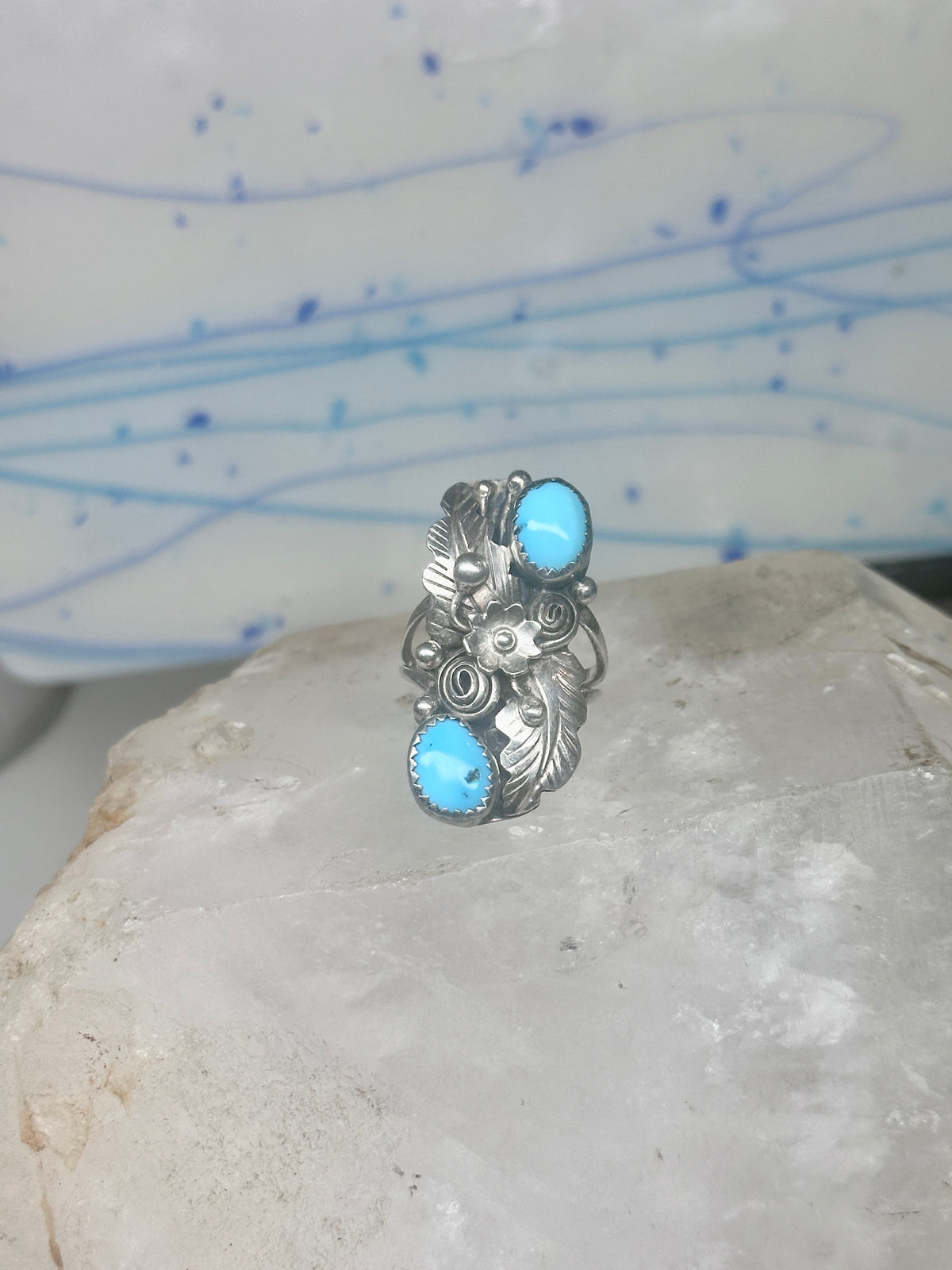 Vintage Sterling Silver Navajo Turquoise Squash Blossom Flower Ring Size 7.50 925