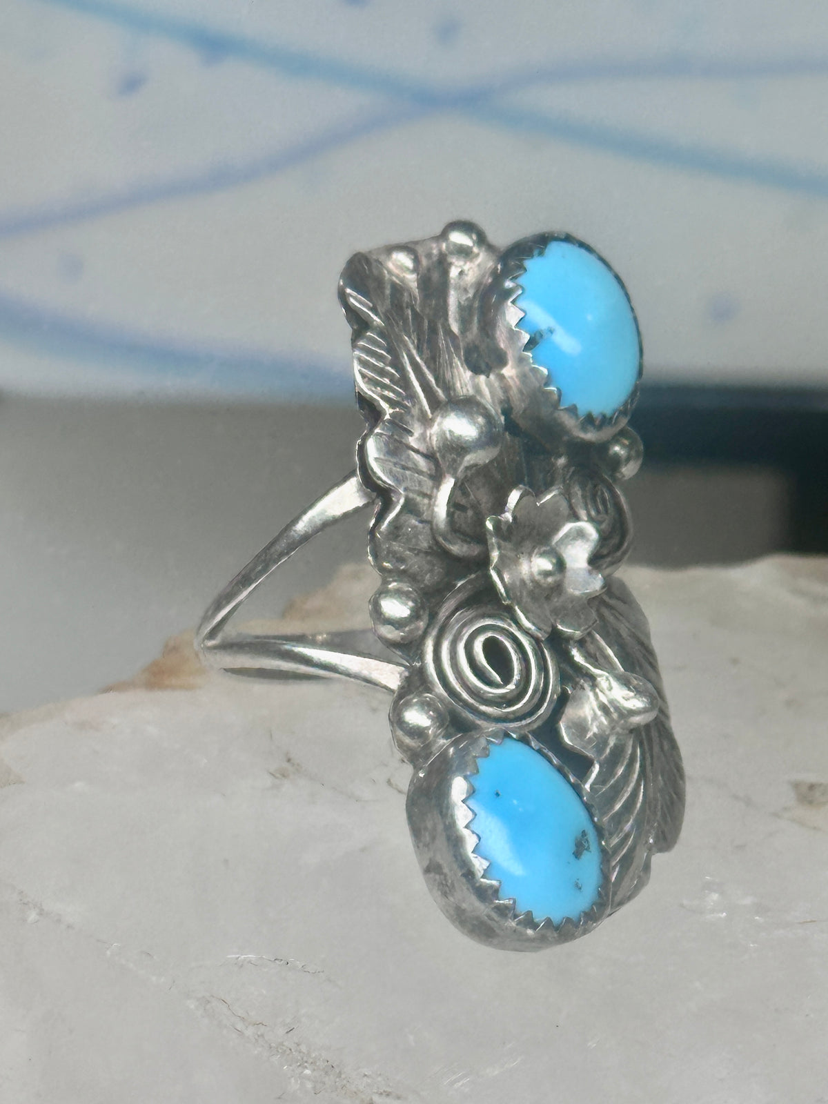 Vintage Sterling Silver Navajo Turquoise Squash Blossom Flower Ring Size 7.50 925