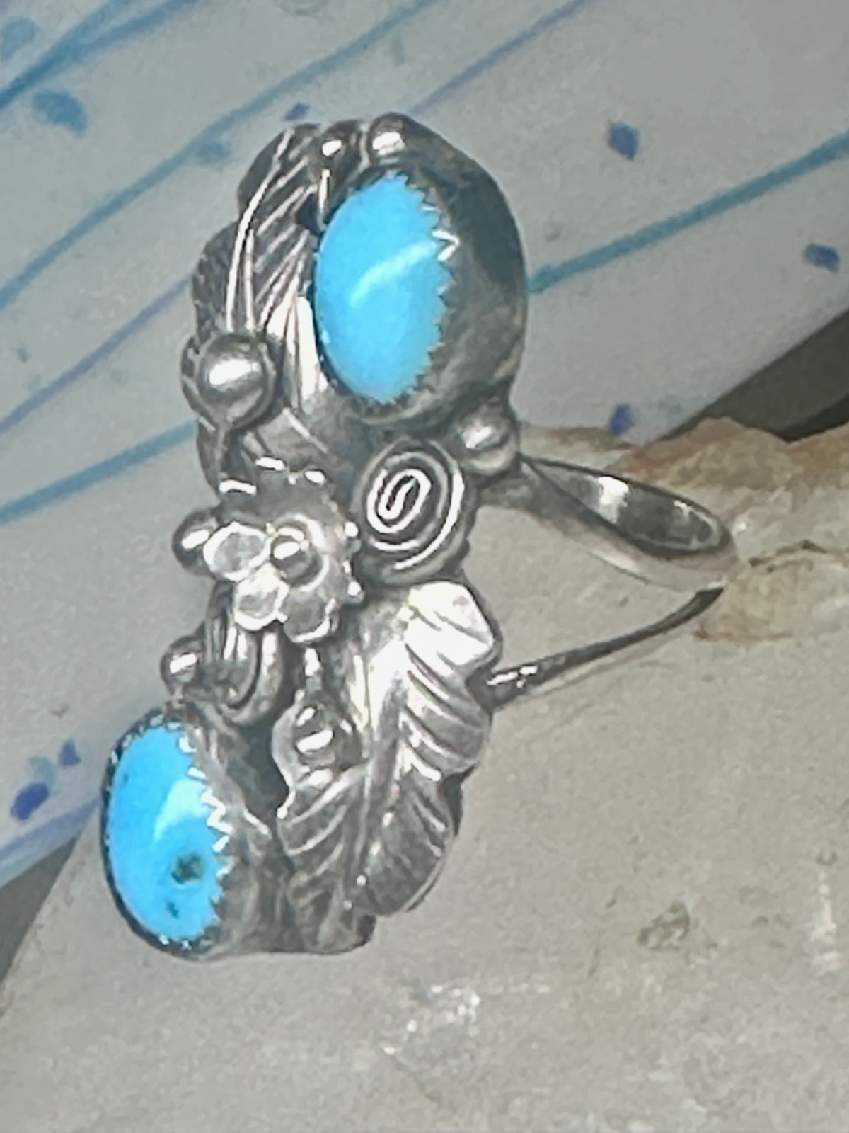 Vintage Sterling Silver Navajo Turquoise Squash Blossom Flower Ring Size 7.50 925