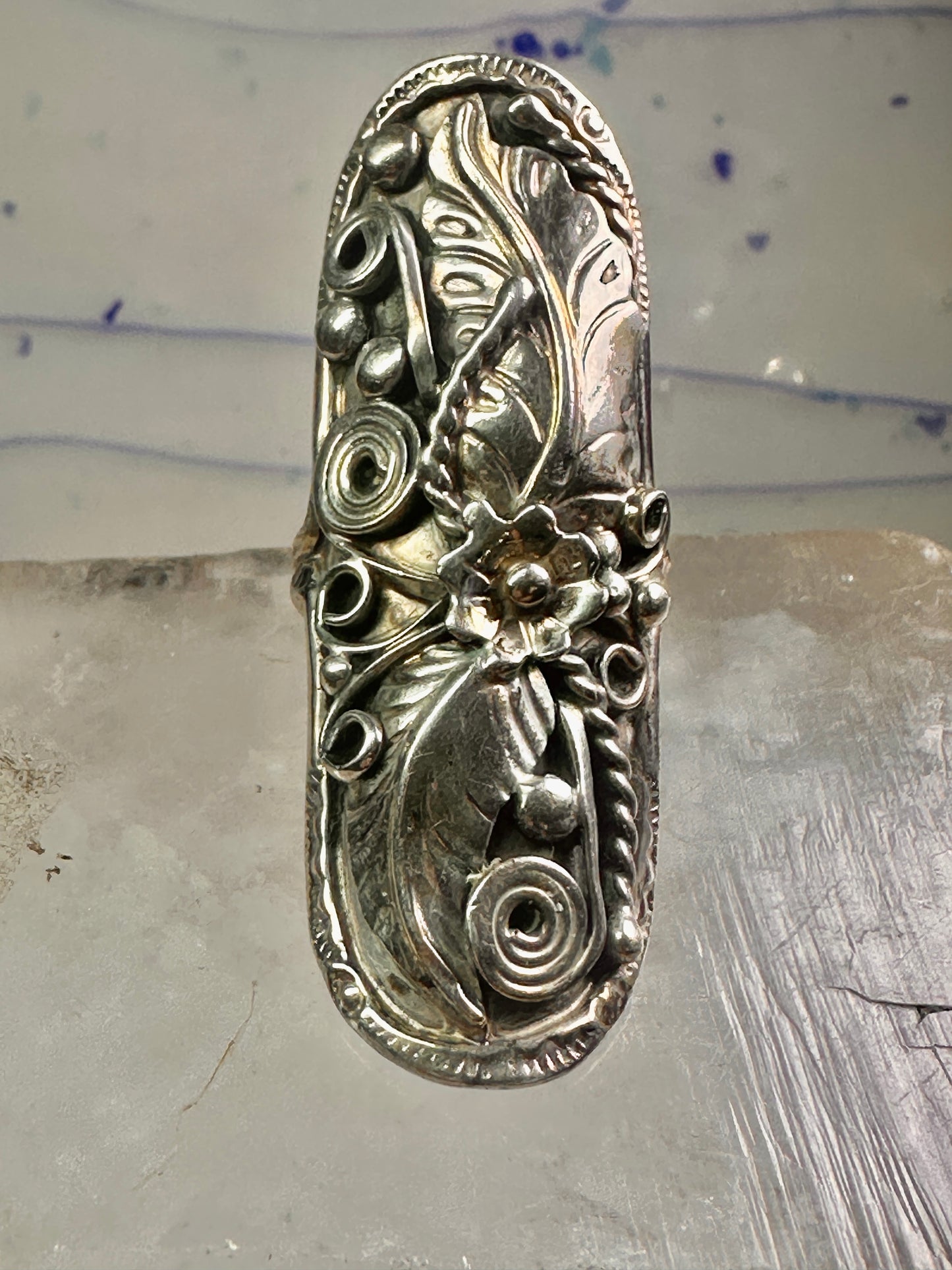 Long Navajo ring size 8 squash blossom leaves sterling silver women