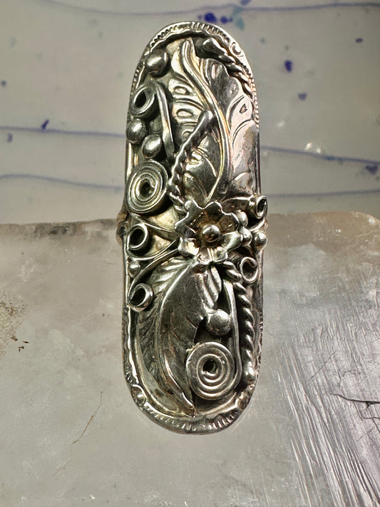 Long Navajo ring size 8 squash blossom leaves sterling silver women