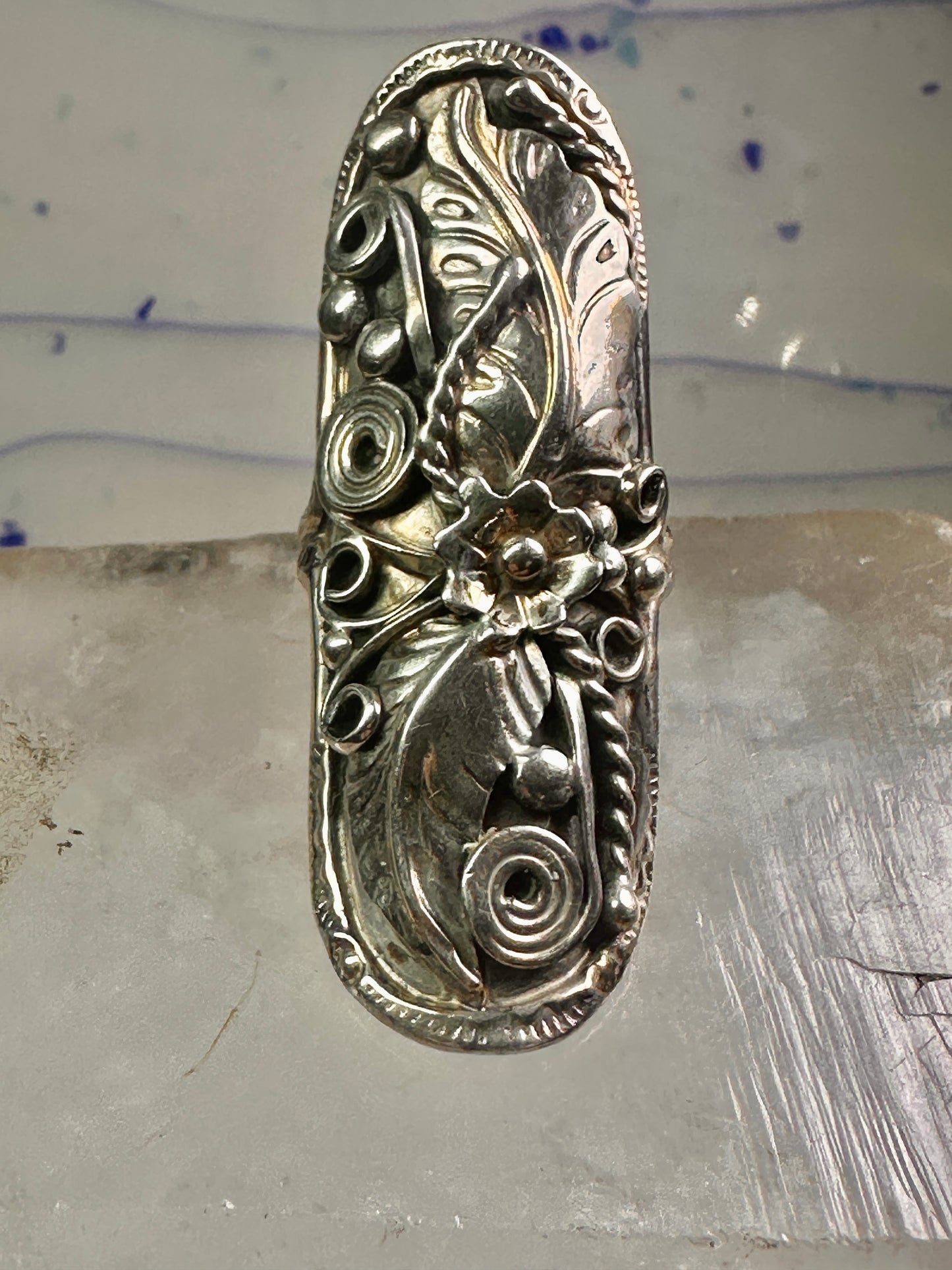 Long Navajo ring size 8 squash blossom leaves sterling silver women