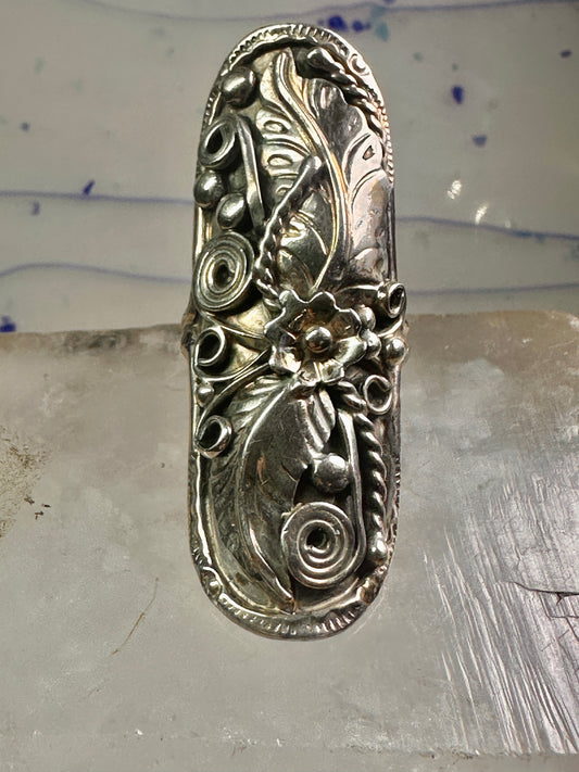 Long Navajo ring size 8 squash blossom leaves sterling silver women