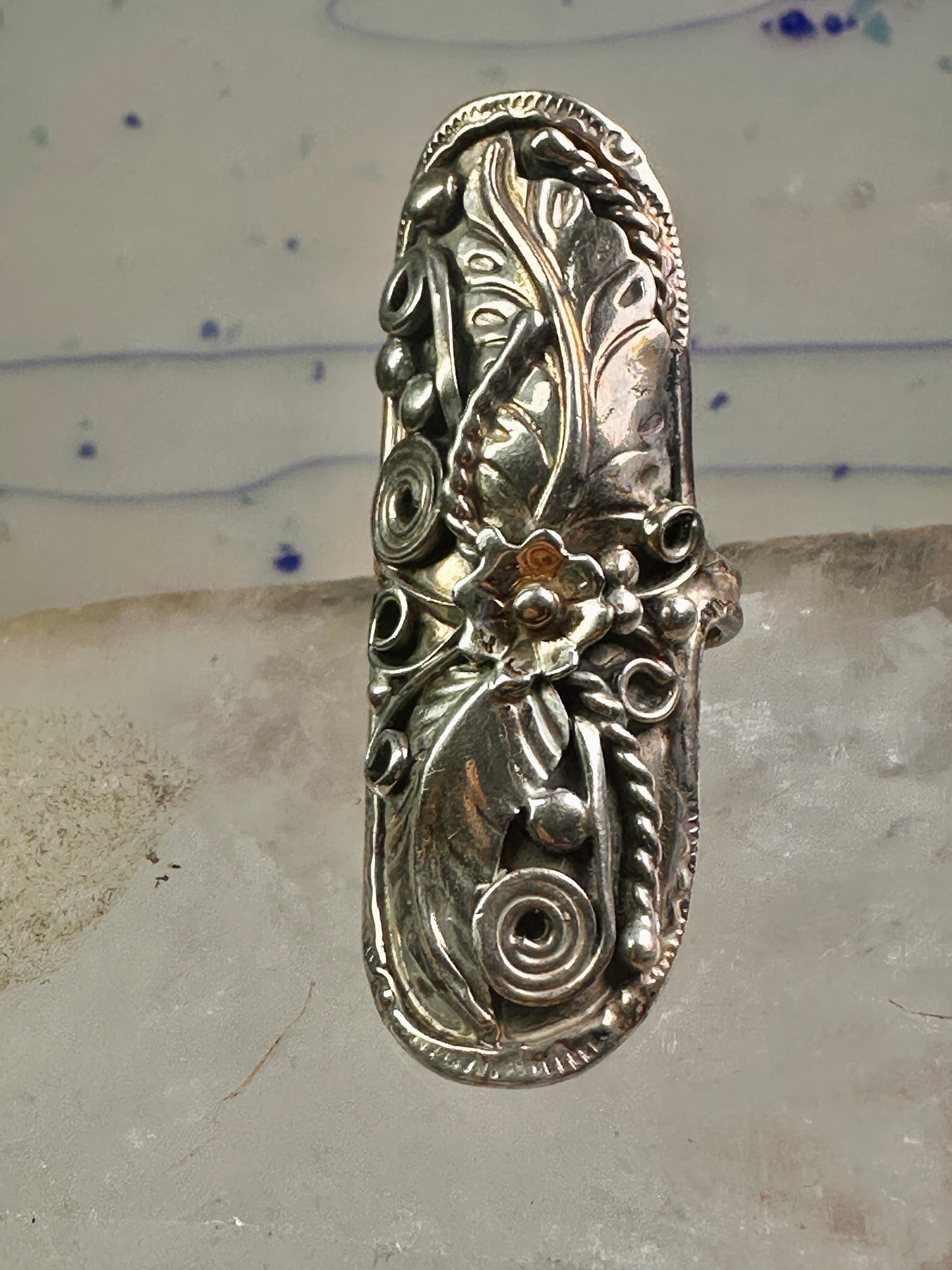 Long Navajo ring size 8 squash blossom leaves sterling silver women