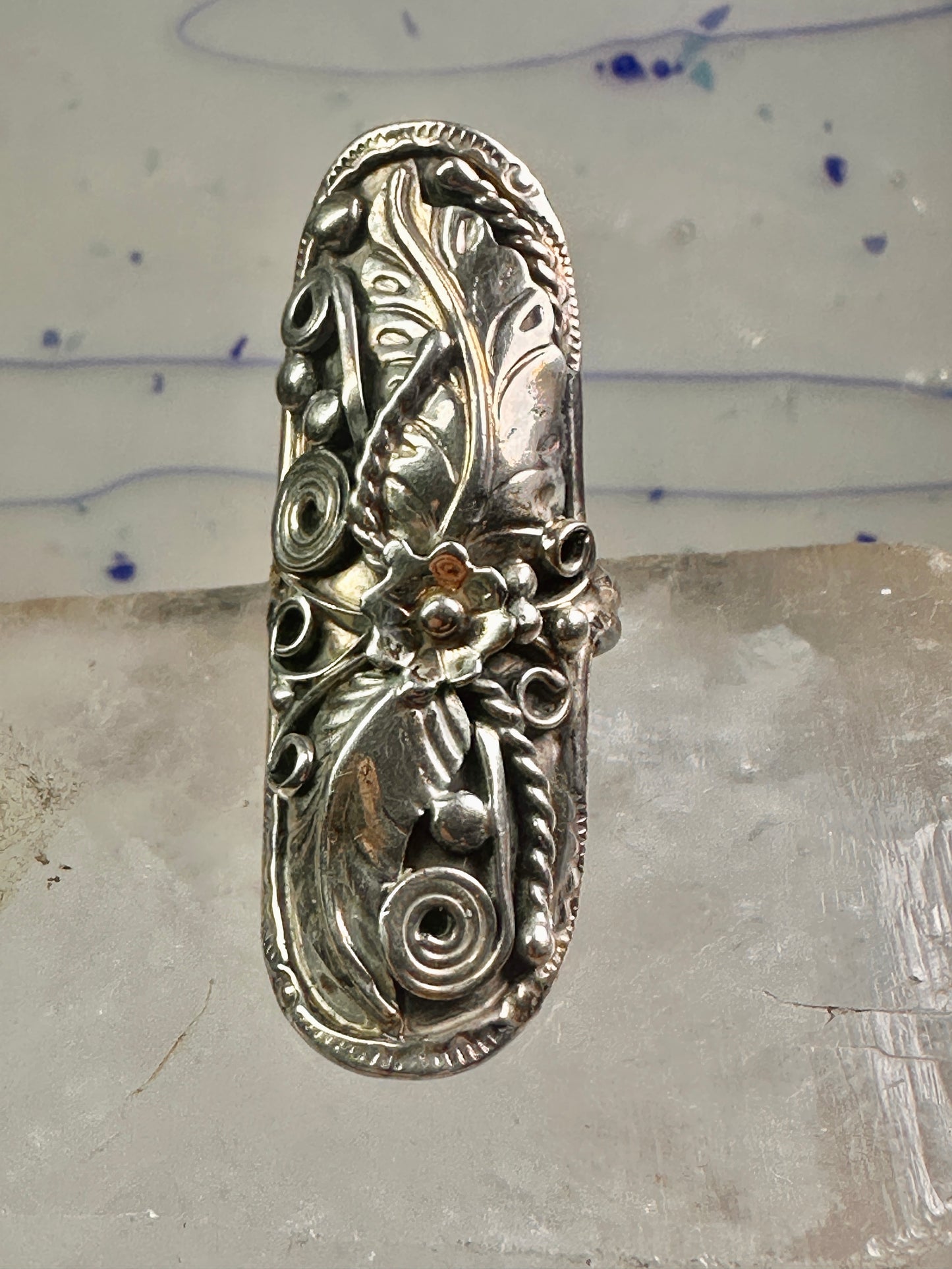 Long Navajo ring size 8 squash blossom leaves sterling silver women