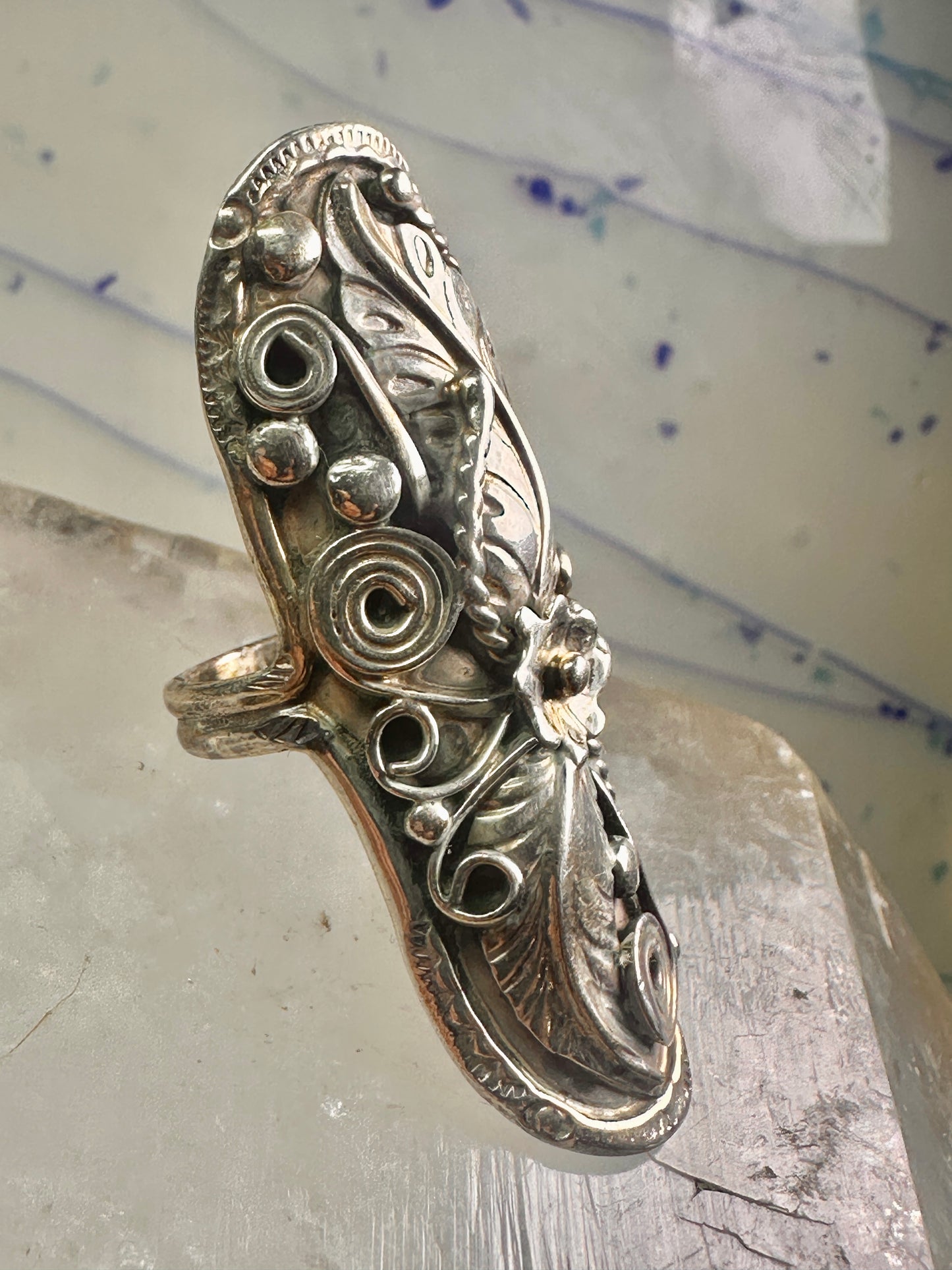 Long Navajo ring size 8 squash blossom leaves sterling silver women