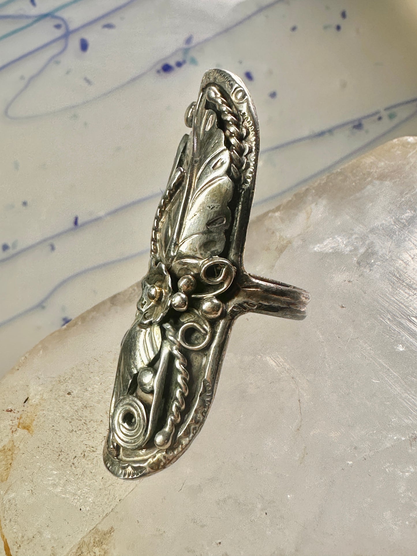 Long Navajo ring size 8 squash blossom leaves sterling silver women