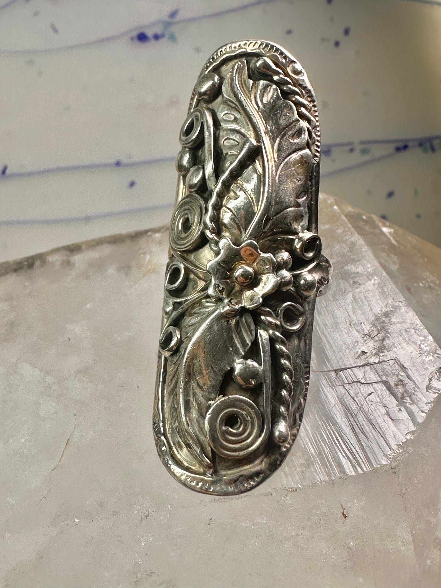 Long Navajo ring size 8 squash blossom leaves sterling silver women