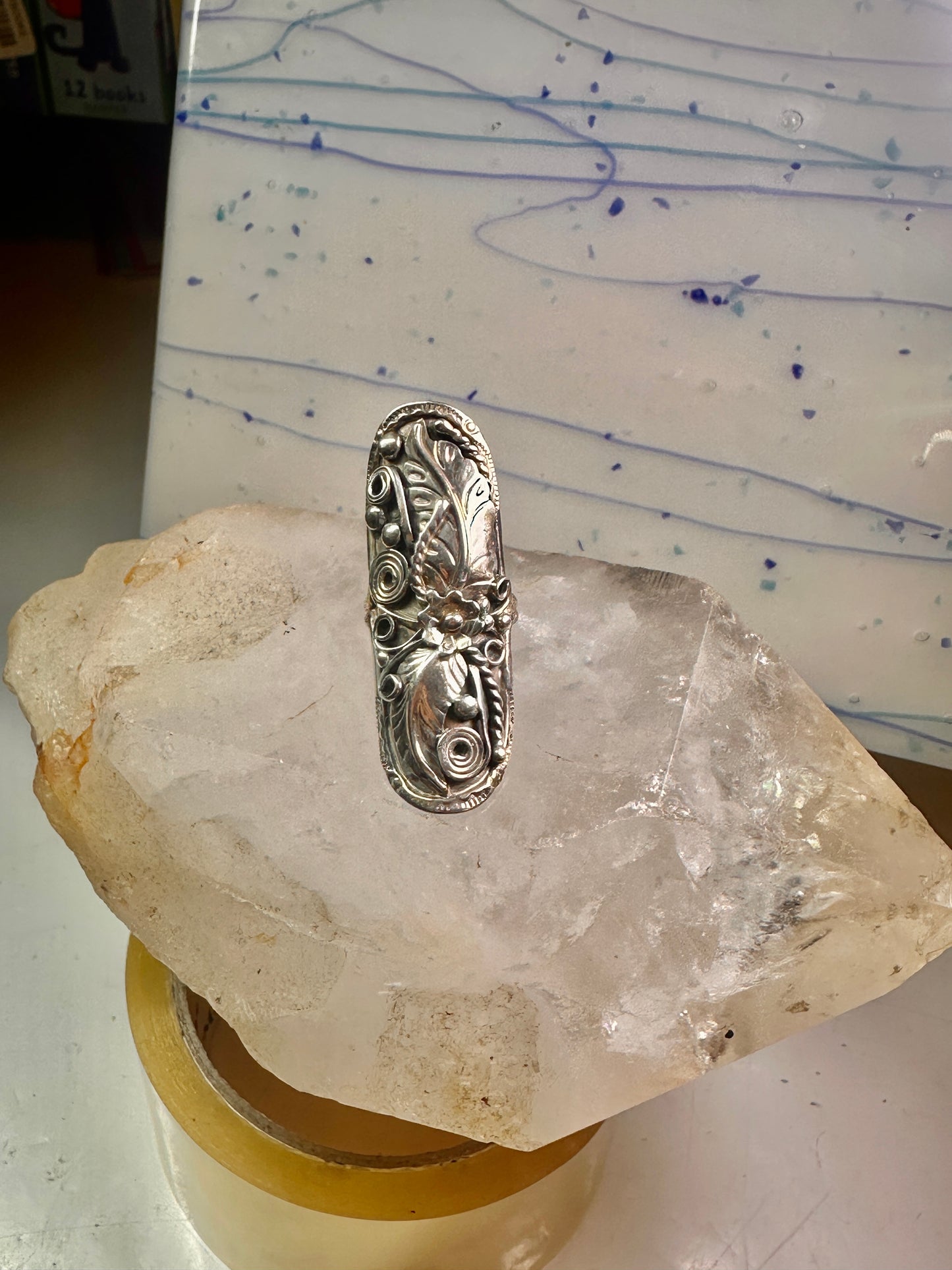 Long Navajo ring size 8 squash blossom leaves sterling silver women