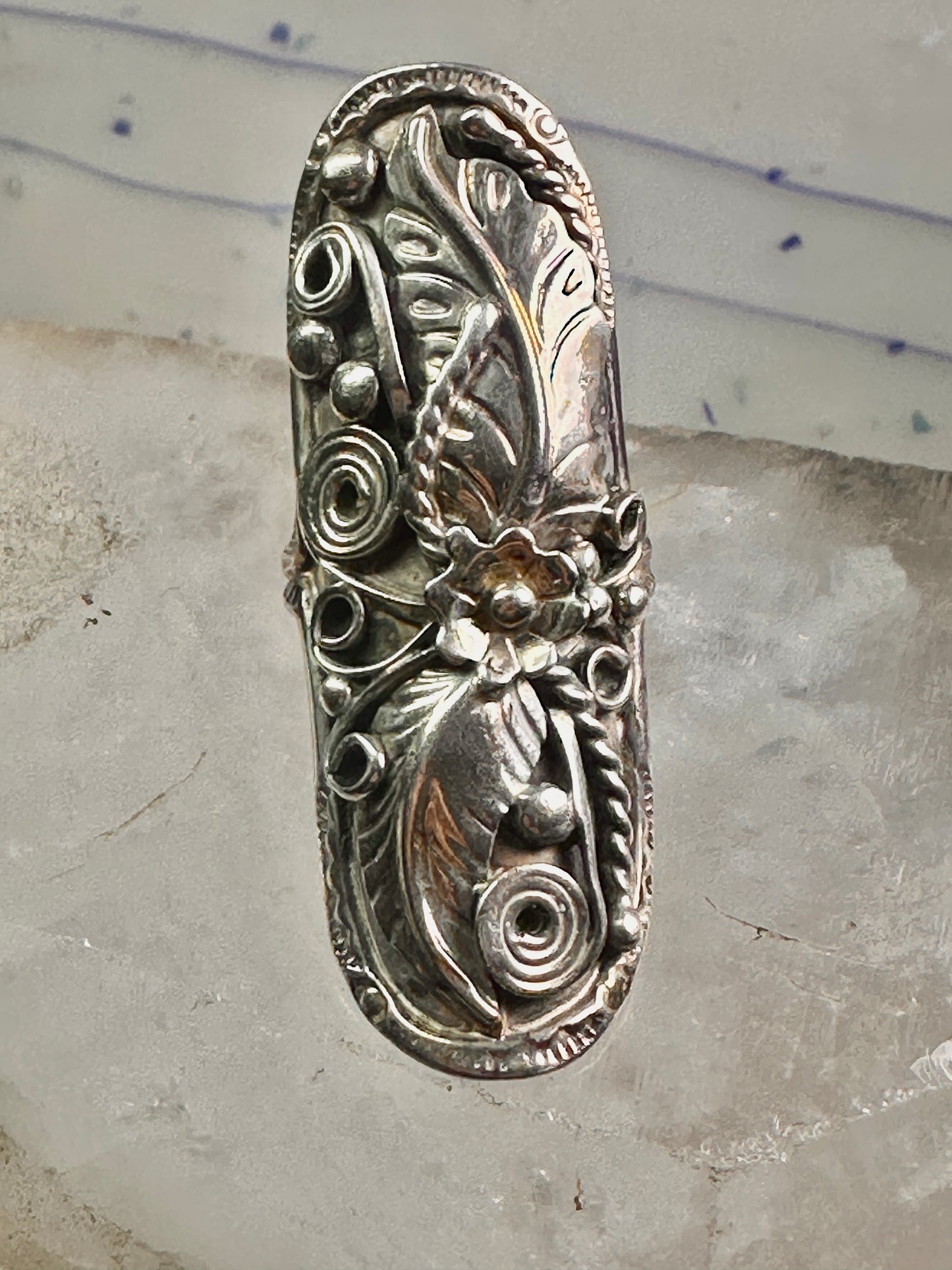 Long Navajo ring size 8 squash blossom leaves sterling silver women