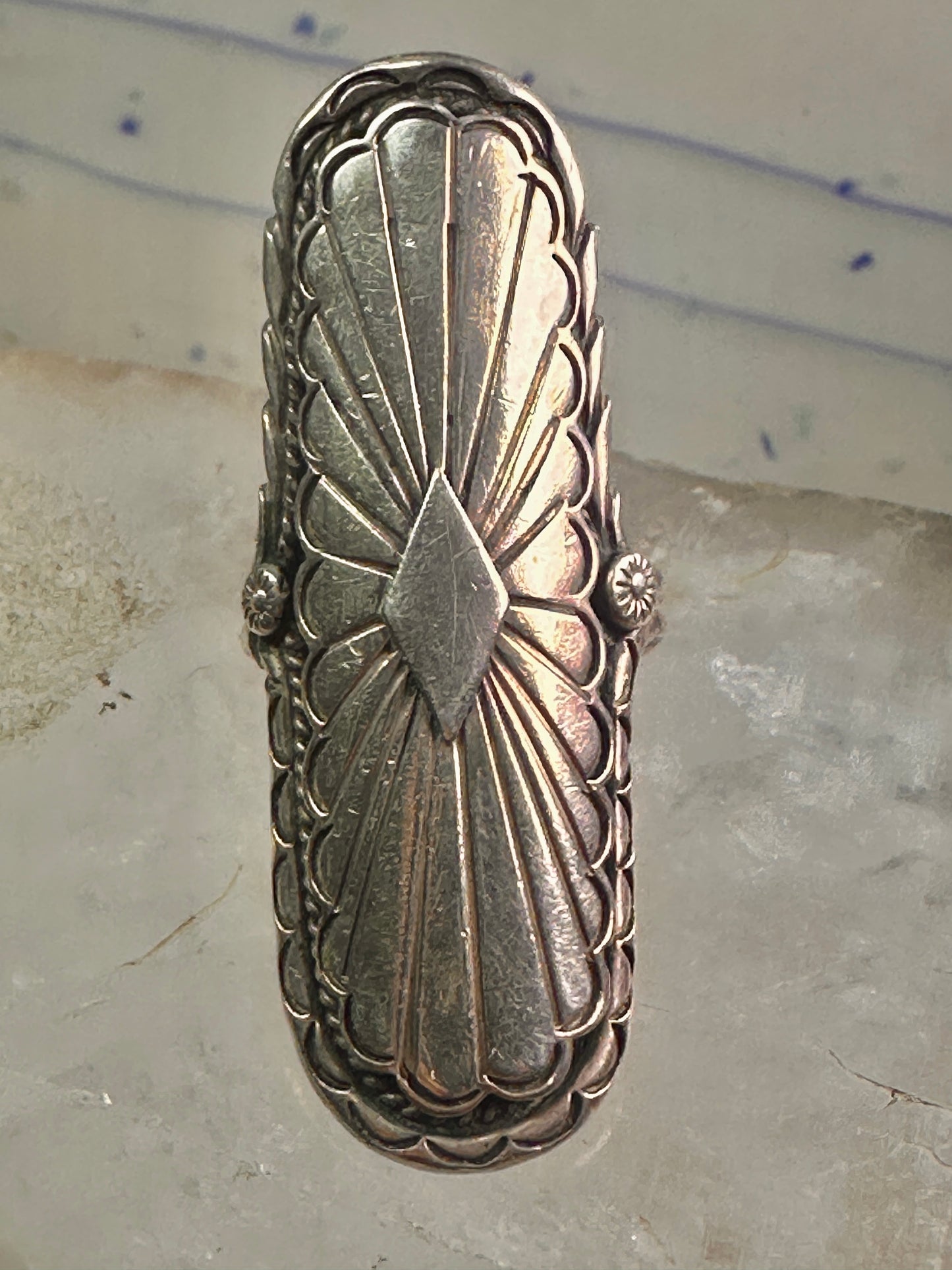 Long Navajo ring size 7 concho conch sterling silver women signed CS