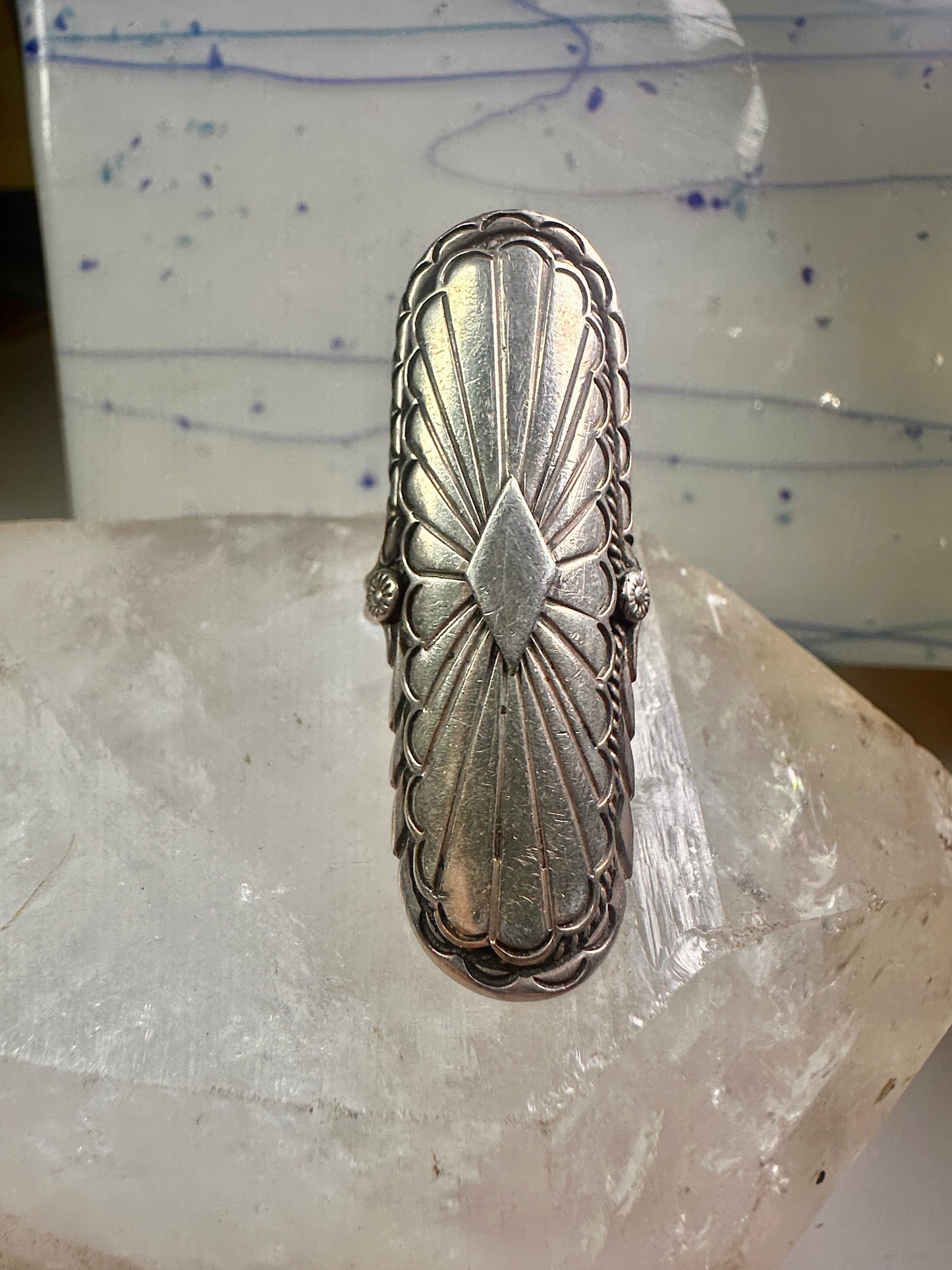 Long Navajo ring size 7 concho conch sterling silver women signed CS