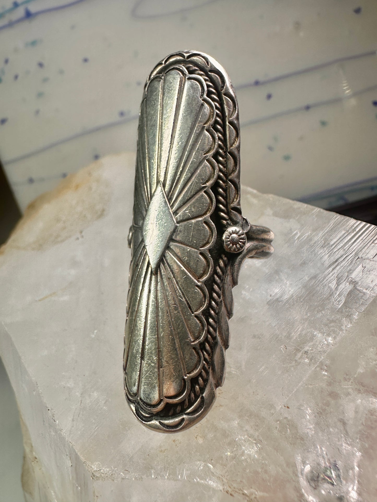 Long Navajo ring size 7 concho conch sterling silver women signed CS