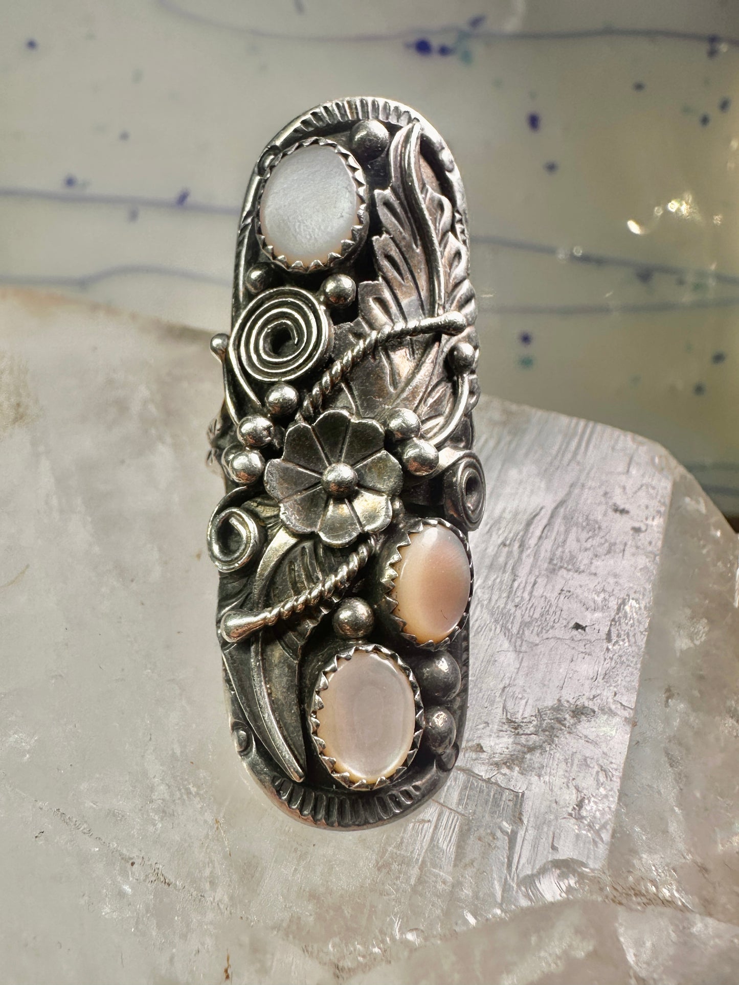 Long Navajo ring size 7.50 mop squash blossom leaves sterling silver women