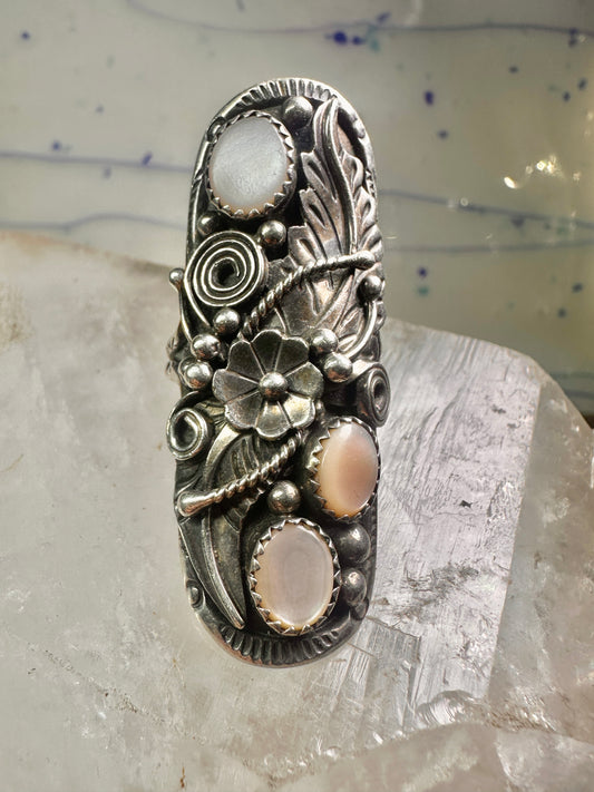 Long Navajo ring size 7.50 mop squash blossom leaves sterling silver women