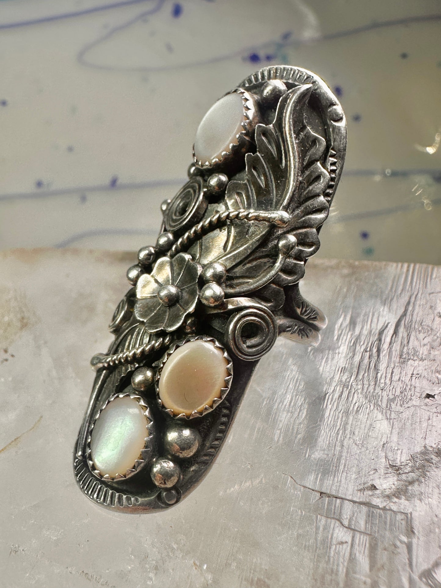 Long Navajo ring size 7.50 mop squash blossom leaves sterling silver women