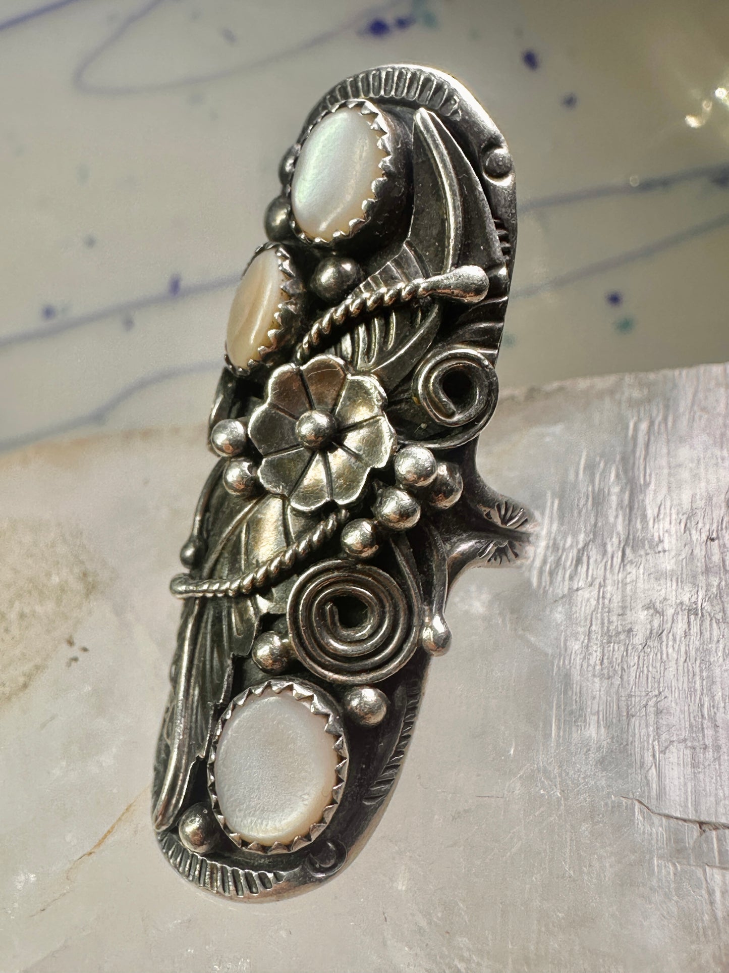 Long Navajo ring size 7.50 mop squash blossom leaves sterling silver women